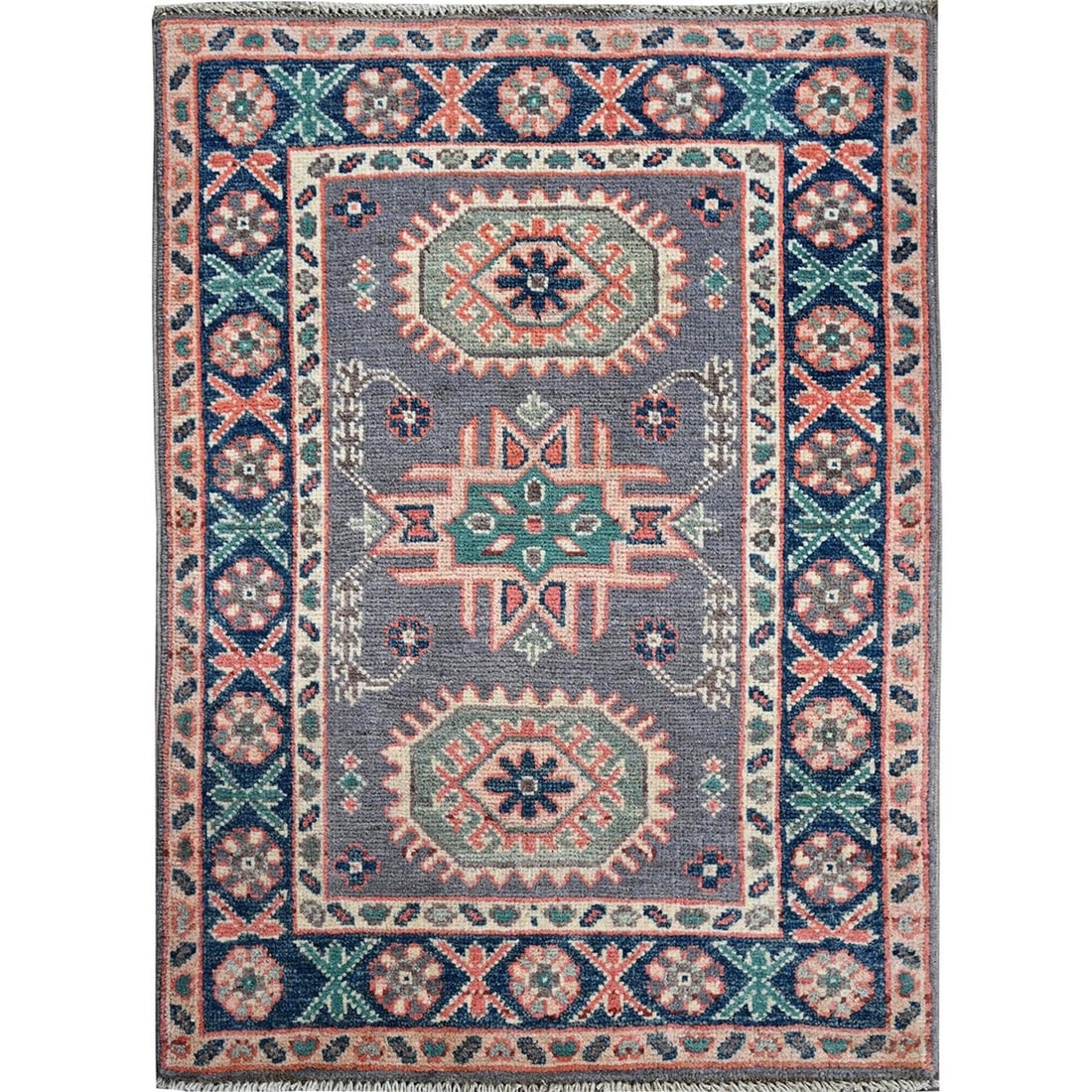 2'x2'8" Gray Kazak with Geometric Pattern Soft Wool Hand Knotted Mat Rug: 2'x2'8" Gray Kazak with Geometric Pattern Soft Wool Hand Knotted Mat Rug Soft wool hand-knotted in a striking geometric pattern, this 2'x2'8" gray Kazak rug adds a touch of elegance to any room. Made 