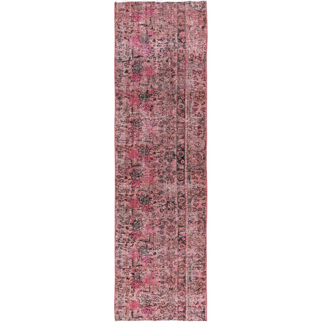2'6"x9'3" Pink Overdyed Vintage Zoroastrian Hand Knotted Wool Runner Rug: 2'6"x9'3" Pink Overdyed Vintage Zoroastrian Hand Knotted Wool Runner Rug Hand-knotted in wool, this vibrant pink Zoroastrian runner rug boasts an intricate Oriental regional design. Measuring 2'6" x 9