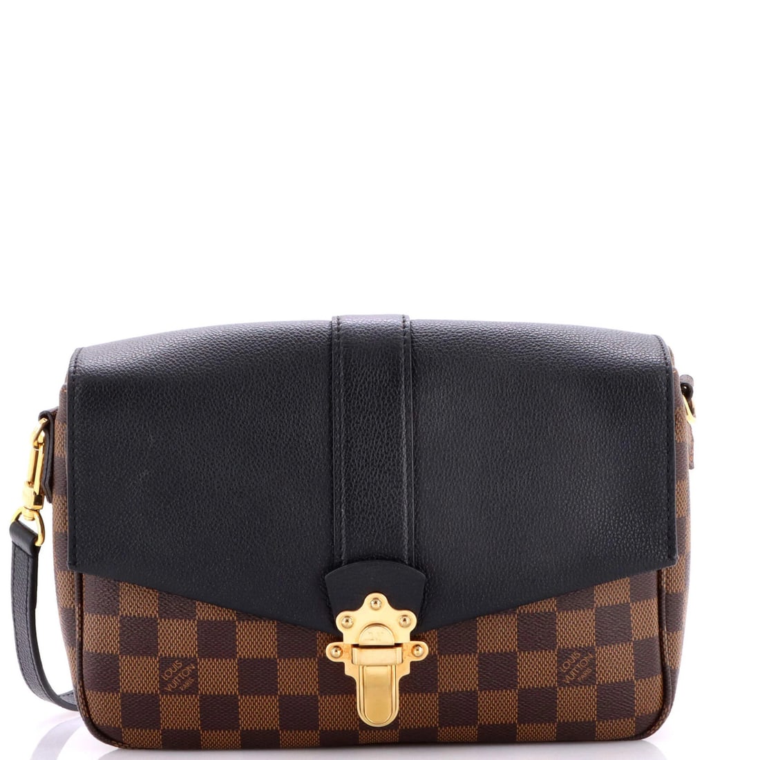 Damier Leather Handbag Louis Vuitton Clapton PM: Damier Leather Handbag Louis Vuitton Clapton PM Black Damier Leather Clapton PM Handbag with Gold Hardware, featuring a classic cross-body design and microfiber interior in vibrant orange and yellow h