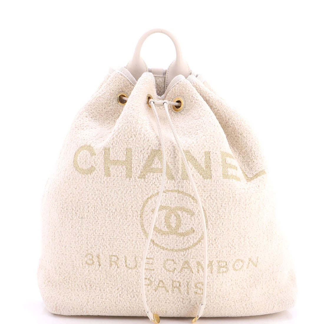 Velvet medium bucket drawstring bag Chanel deauville: Velvet medium bucket drawstring bag Chanel deauville Boucle velvet medium bucket bag in neutral color, featuring the iconic Deauville style from Chanel. This excellent condition bag boasts minor scuff