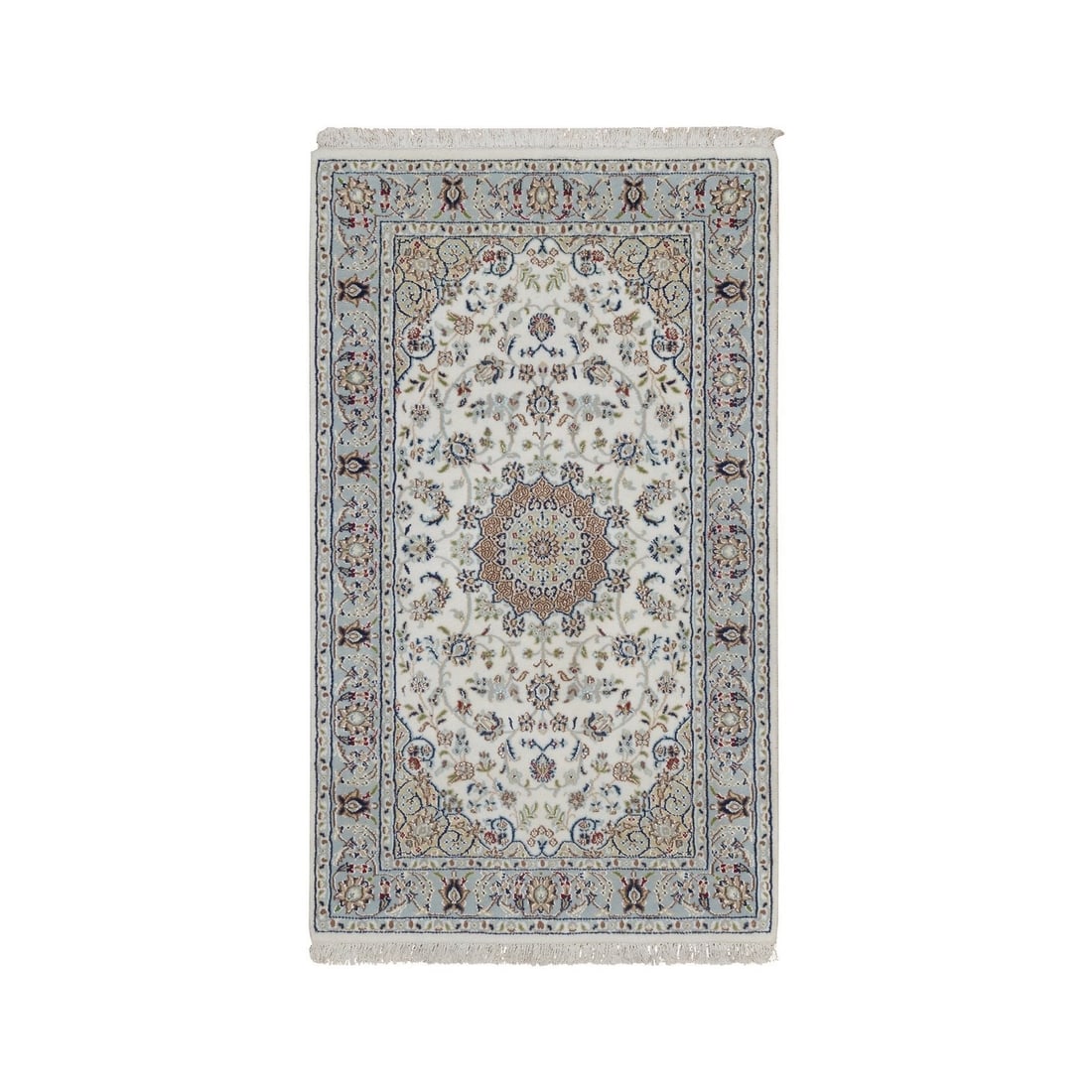 3'x5'1" Ivory Nain Flower Medallion Design Wool & Silk Hand Knotted Rug: 3'x5'1" Ivory Nain Flower Medallion Design Wool & Silk Hand Knotted Rug Hand-knotted with wool and silk, this stunning Nain-style medallion design rug boasts an intricate ivory field surrounded by a r