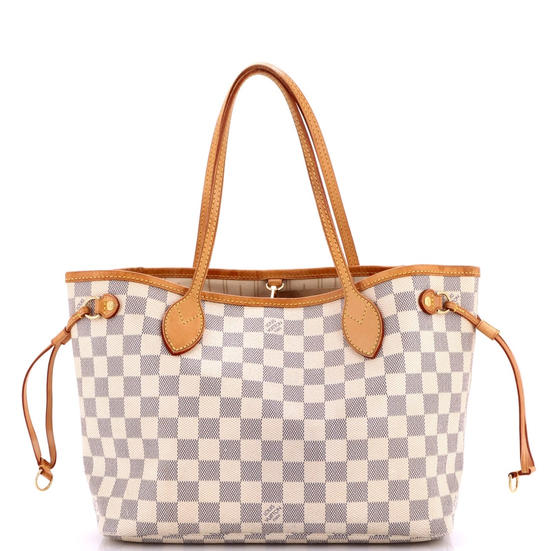 Damier Neverfull Tote Louis Vuitton: Damier Neverfull Tote Louis Vuitton White Damier PM canvas coated tote bag from Louis Vuitton's Neverfull collection, featuring gold hardware and neutral interior. The exterior shows signs of wear wit