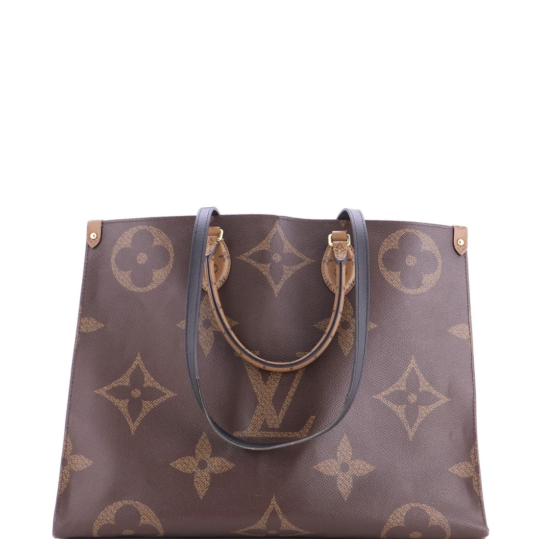 Giant Reverse Tote GM Monogram OnTheGo Louis Vuitton: Giant Reverse Tote GM Monogram OnTheGo Louis Vuitton Brown Giant Reverse Tote with Monogram OnTheGo Louis Vuitton features a canvas-coated exterior and red interior. The tote measures 12.5" high, 16.5