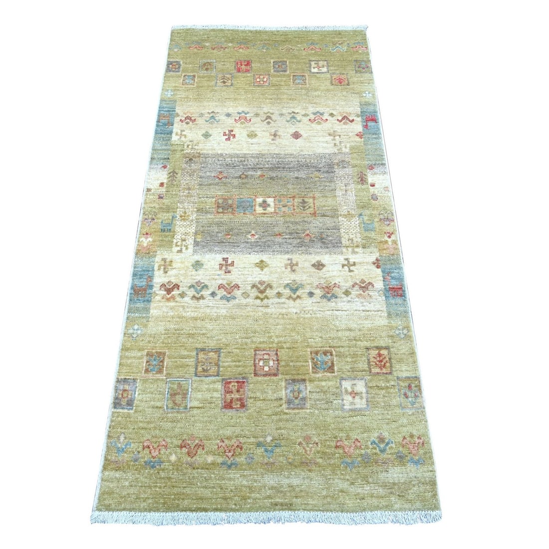 2'6"x5'9" Green Kashkuli Animal Figurines Hand Knotted Wool Runner Rug: 2'6"x5'9" Green Kashkuli Animal Figurines Hand Knotted Wool Runner Rug Hand-knotted in vibrant green wool, this unique Kashkuli animal print runner rug boasts an eye-catching field color and subtle br
