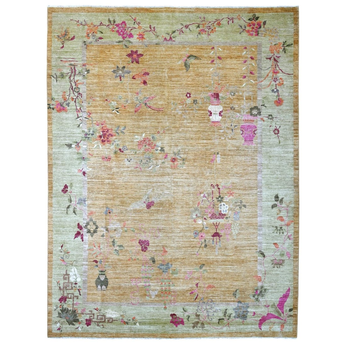 9'1"x11'10" Brown Chinese Art Deco Inspired Peshawar Hand Knotted Wool Rug: 9'1"x11'10" Brown Chinese Art Deco Inspired Peshawar Hand Knotted Wool Rug 9'1"x11'10" Brown Chinese Art Deco Inspired Peshawar Hand Knotted Wool Rug. This stunning piece boasts a rich brown color and