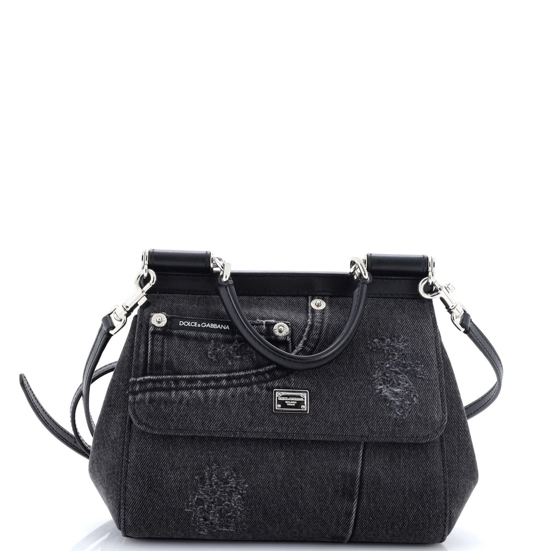 Patchwork denim bag from Dolce & Gabbana Miss Sicily: Patchwork denim bag from Dolce & Gabbana Miss Sicily Black patchwork denim bag from Dolce & Gabbana's Miss Sicily collection, featuring a unique blend of style and craftsmanship. With its medium size 