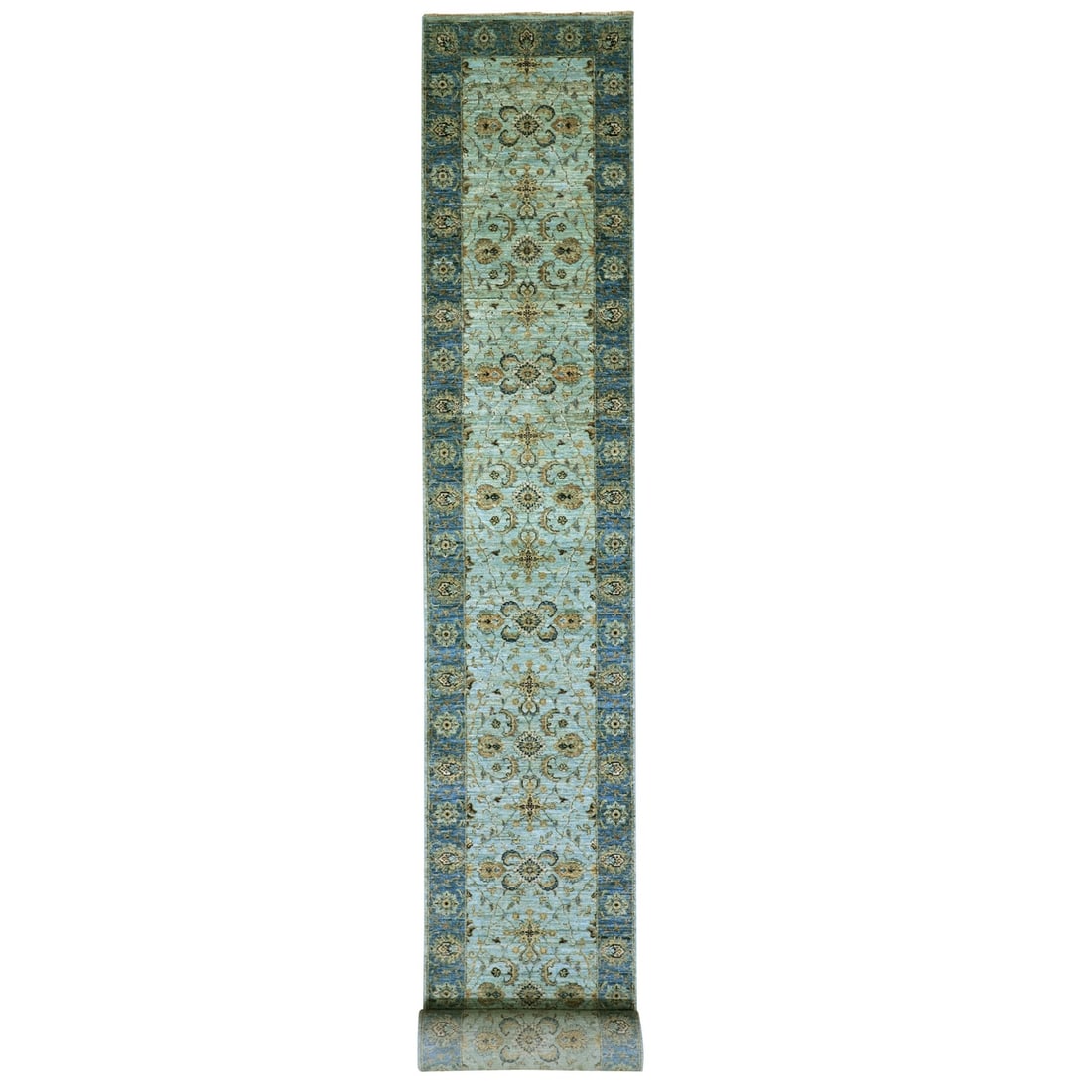 2'8"x29'10" Blue Wool Shah Abbas Floral Design Hand Knotted XL Runner Rug: 2'8"x29'10" Blue Wool Shah Abbas Floral Design Hand Knotted XL Runner Rug Blue Wool Shah Abbas Floral Design Hand Knotted XL Runner Rug boasts an impressive size and intricate hand-knotted design, fea