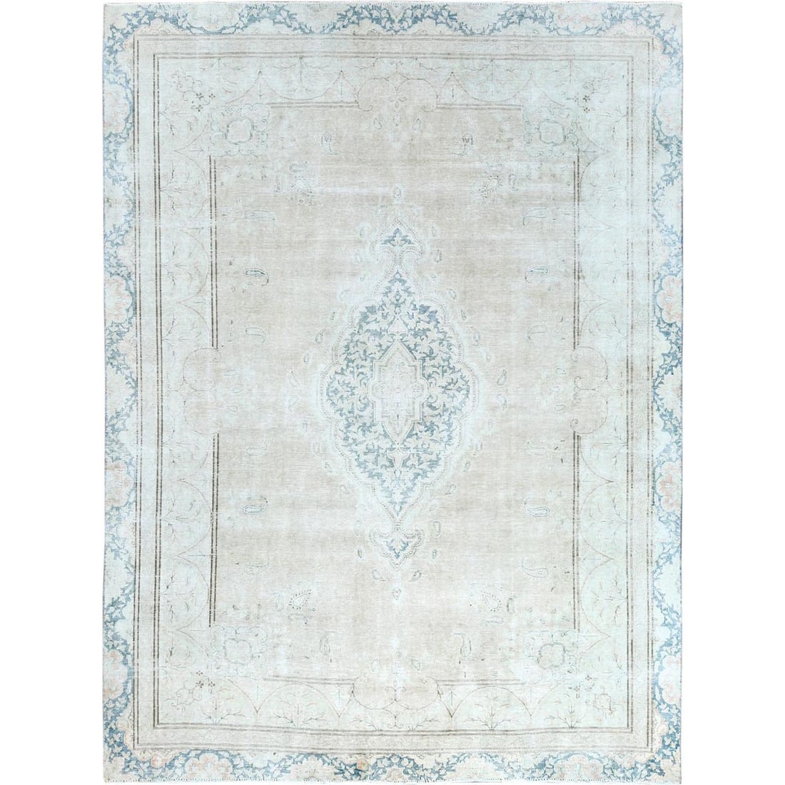 8'3"x11'1" Hand Knotted Ivory Vintage Farsian Karman Worn Wool Rug: 8'3"x11'1" Hand Knotted Ivory Vintage Farsian Karman Worn Wool Rug The 8'3"x11'1" Hand Knotted Ivory Vintage Farsian Karman Worn Wool Rug boasts a stunning ivory color and intricate hand-knotted desig