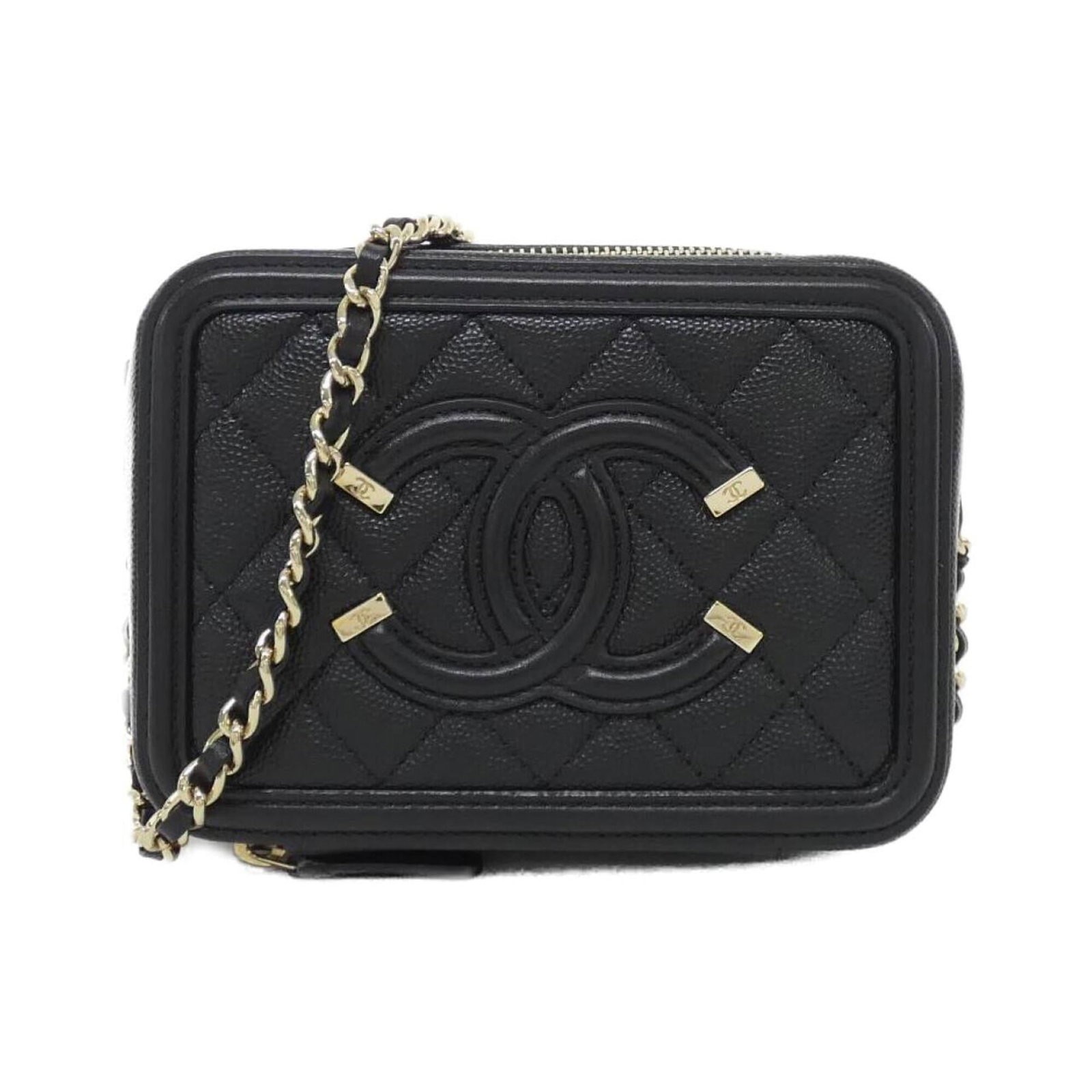 Calfskin Shoulder Bag by Chanel: Calfskin Shoulder Bag by Chanel Calfskin shoulder bag by Chanel, crafted from high-quality grained calfskin, features a sleek black design with gold hardware. Measuring 11cm x 14cm x 6cm, this stylish