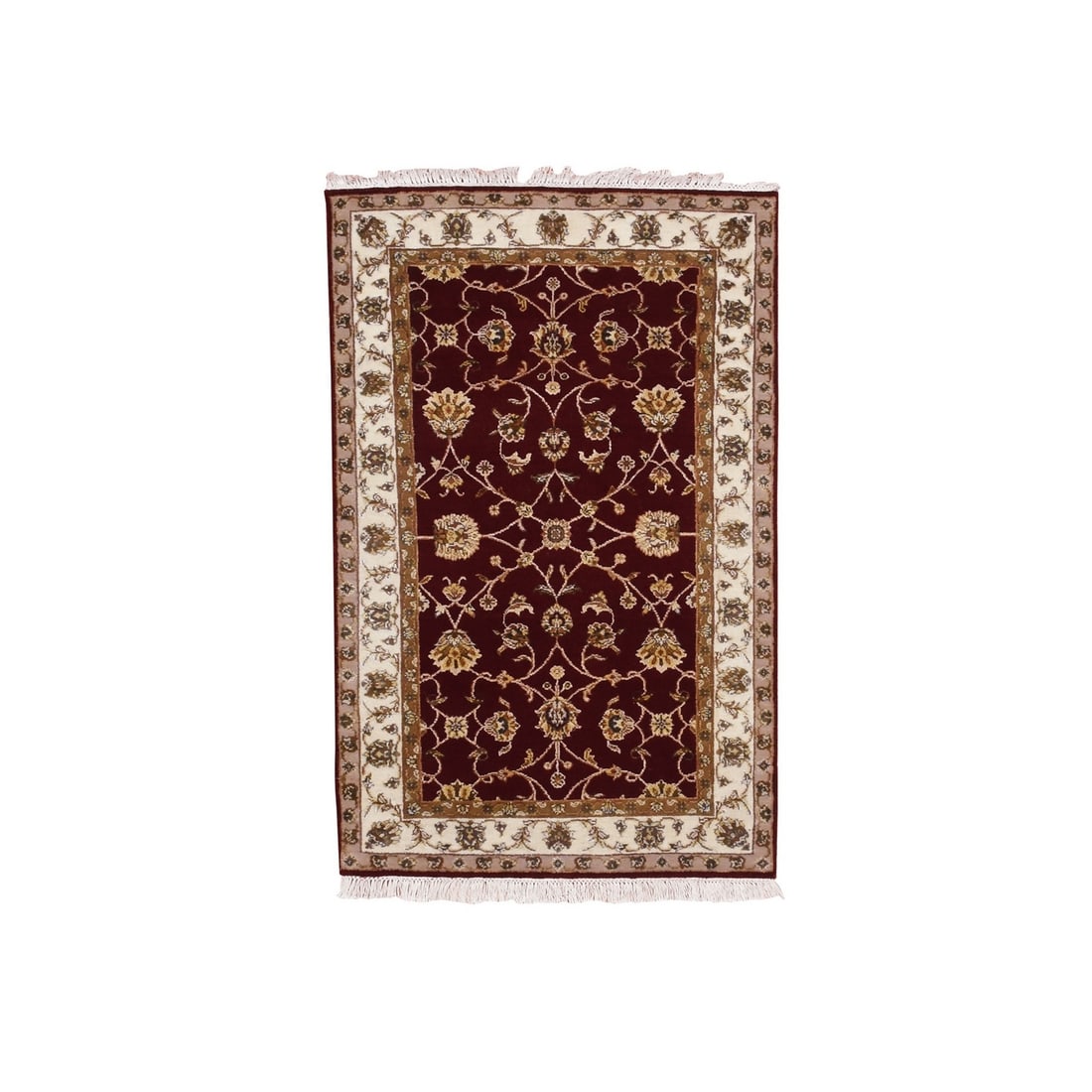 3'x5' Red Thick and Plush Wool and Silk Hand Knotted Rajasthan Rug: 3'x5' Red Thick and Plush Wool and Silk Hand Knotted Rajasthan Rug This stunning 3'x5' Red Thick and Plush Wool and Silk Hand Knotted Rajasthan Rug boasts vibrant, rich red hues that add warmth to any
