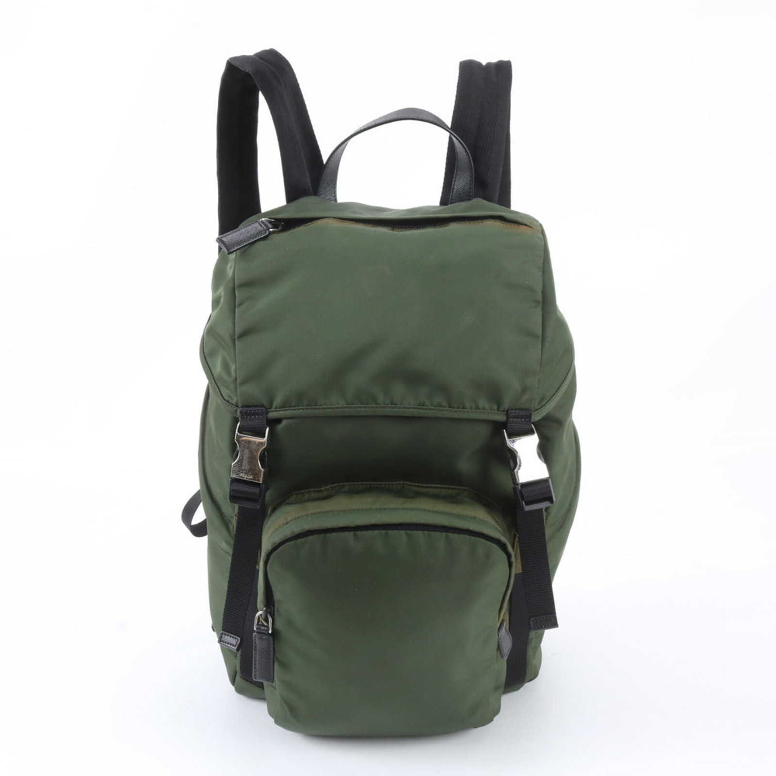 Nylon backpack handbag from Prada: Nylon backpack handbag from Prada Nylon backpack handbag from Prada, made in Italy with a durable green and khaki nylon material. This versatile bag measures 43cm x 27cm x 16cm and features a sleek de