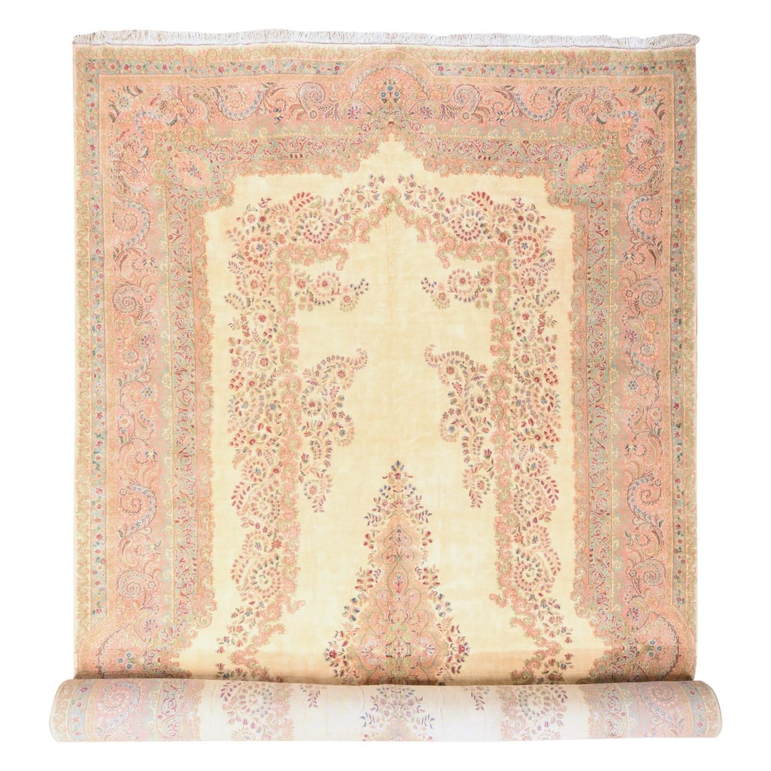 11'7"x22'2" Ivory Vintage Zoroastrian Karman XL 100% Wool Hand Knotted Rug: 11'7"x22'2" Ivory Vintage Zoroastrian Karman XL 100% Wool Hand Knotted Rug This stunning 11'7"x22'2" Ivory Vintage Zoroastrian Karman XL hand-knotted wool rug boasts a rich medallion pattern and intri