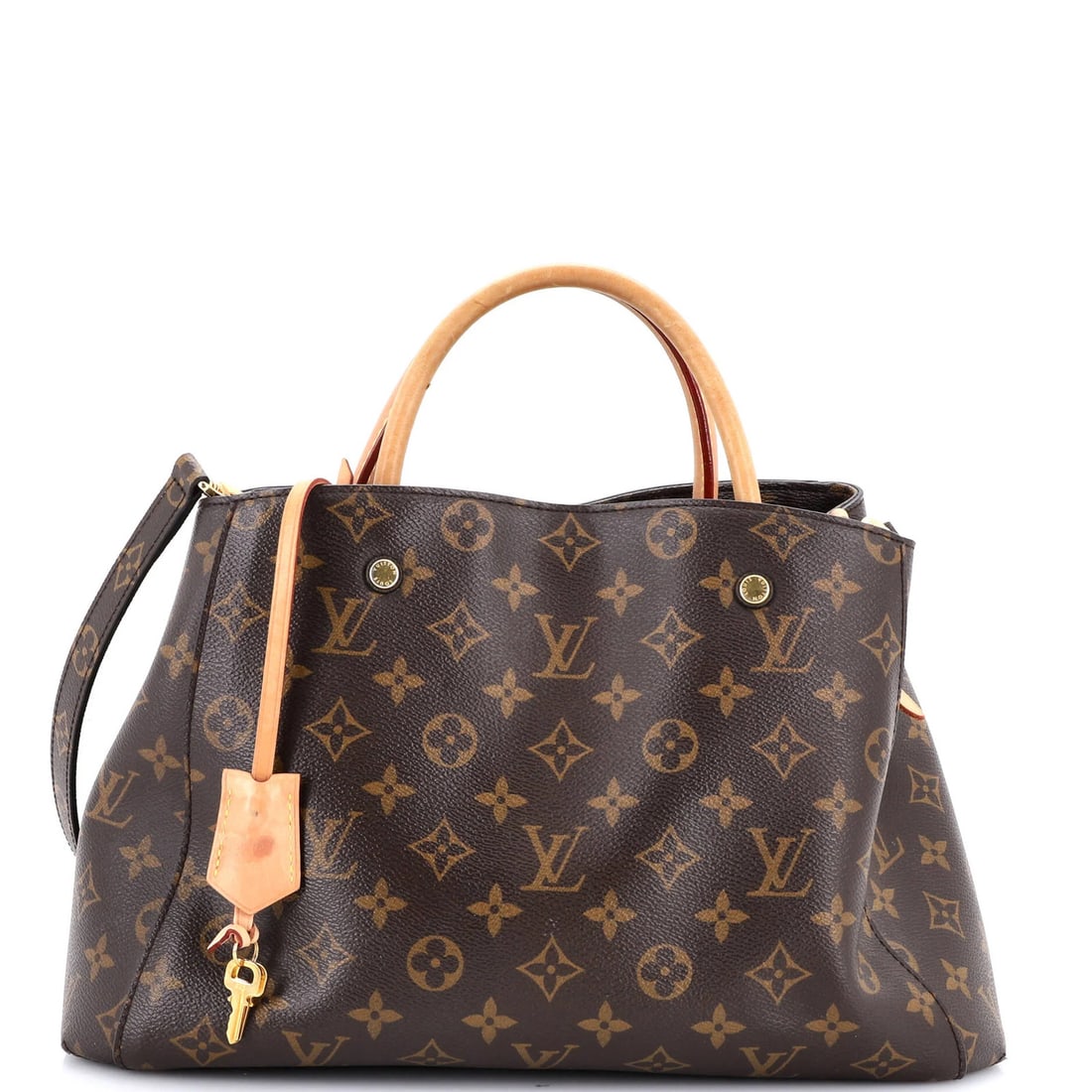 Louis Vuitton Handbag Monogram Canvas MM: Louis Vuitton Handbag Monogram Canvas MM Brown Louis Vuitton Monogram Canvas MM Tote features a classic design with a small stain on the clochette, edge wear, and scuffs. The bag measures 9" high,