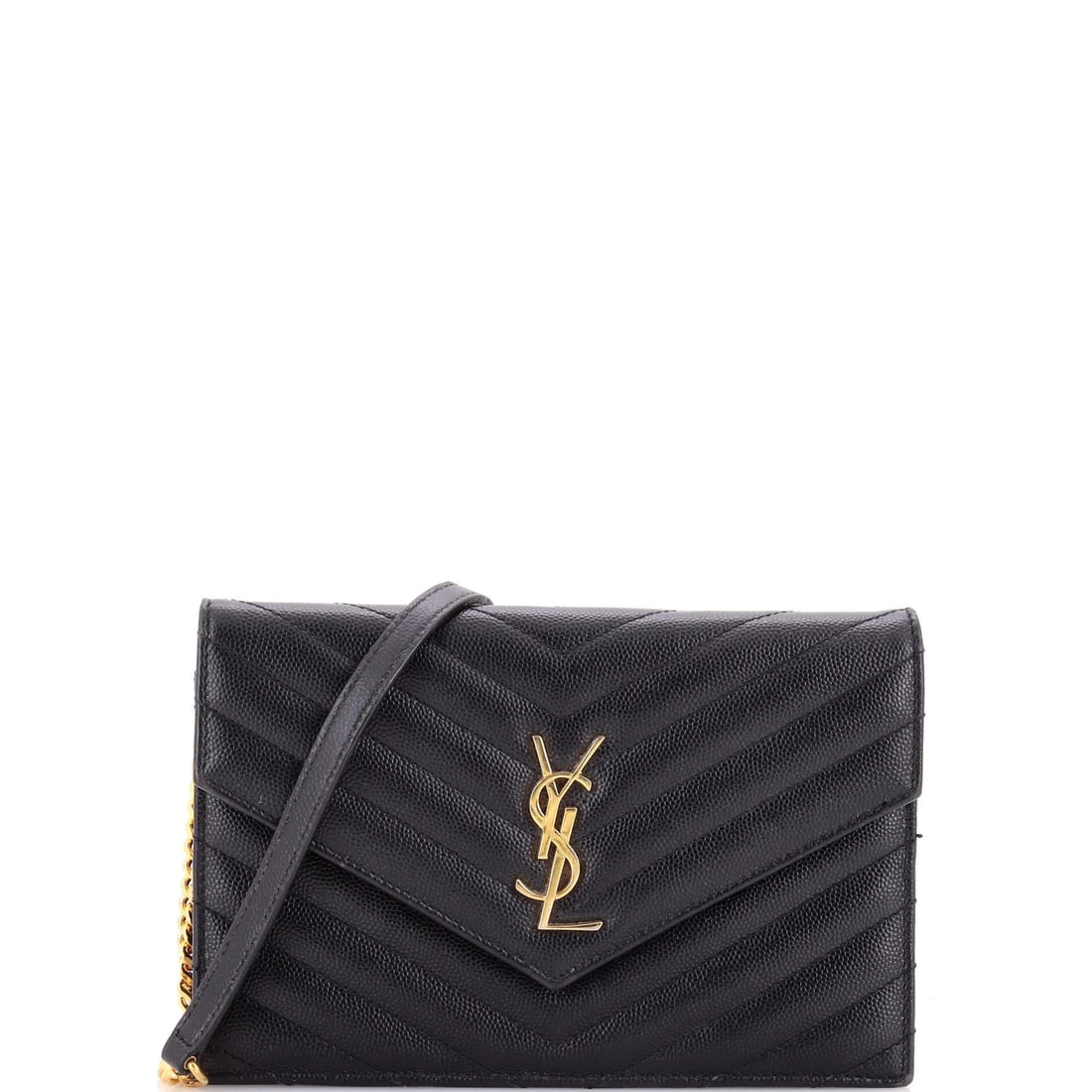 Matelasse Chevron Leather Small Monogram Saint Wallet on Chain Classic: Matelasse Chevron Leather Small Monogram Saint Wallet on Chain Classic Small Matelasse Chevron Leather Monogram Saint Wallet on Chain Classic features a classic design with a black exterior and gold