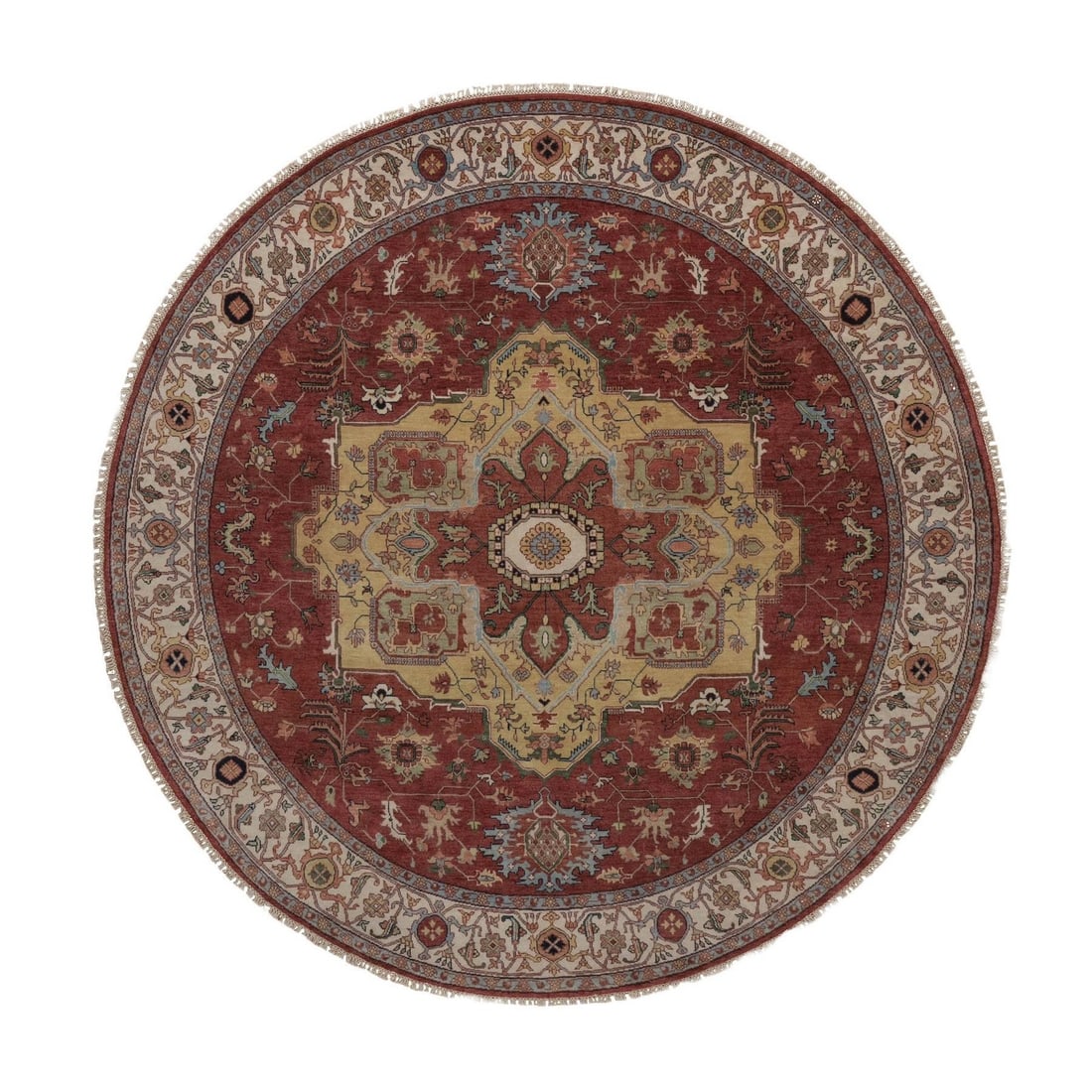 Fine wool hand knotted round rug antiqued red heris re creation: Fine wool hand knotted round rug antiqued red heris re creation Fine wool hand knotted round rug in an antique red Heris style, featuring a medallion regional design with intricate patterns and