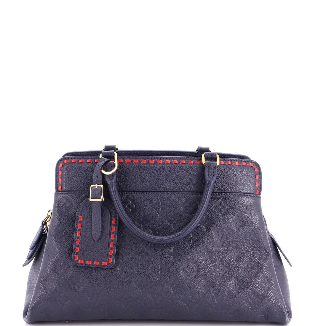 Vuitton Whipstitch Louis Vosges Leather Empreinte Monogram Handbag MM: Vuitton Whipstitch Louis Vosges Leather Empreinte Monogram Handbag MM The Louis Vuitton Whipstitch Louis Vosges Leather Empreinte Monogram Handbag MM boasts a striking blue and red exterior,