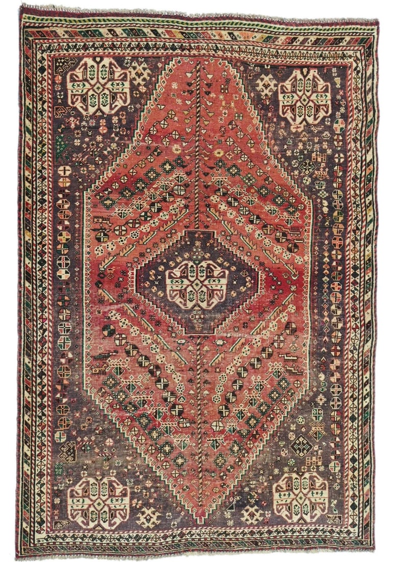 Antique Muted Tribal Farmhouse 5'4X7'7 Distressed Vintage Oriental Rug Carpet Hand-Knotted: Antique Muted Tribal Farmhouse 5'4X7'7 Distressed Vintage Oriental Rug Carpet Hand-Knotted Hand-knotted in wool, this 50-60 year old vintage Oriental rug boasts a muted tribal design with geometric pa