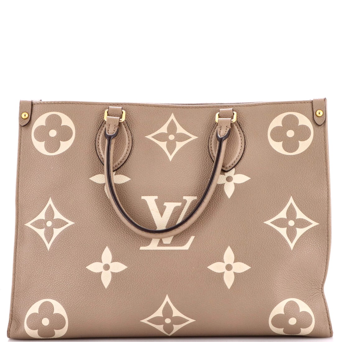 Tote Bicolor Monogram Empreinte Giant Louis Vuitton OnTheGo: Tote Bicolor Monogram Empreinte Giant Louis Vuitton OnTheGo Tote Bicolor Monogram Empreinte Giant MM OnTheGo features a neutral exterior with a classic Louis Vuitton design, showcasing the iconic mono