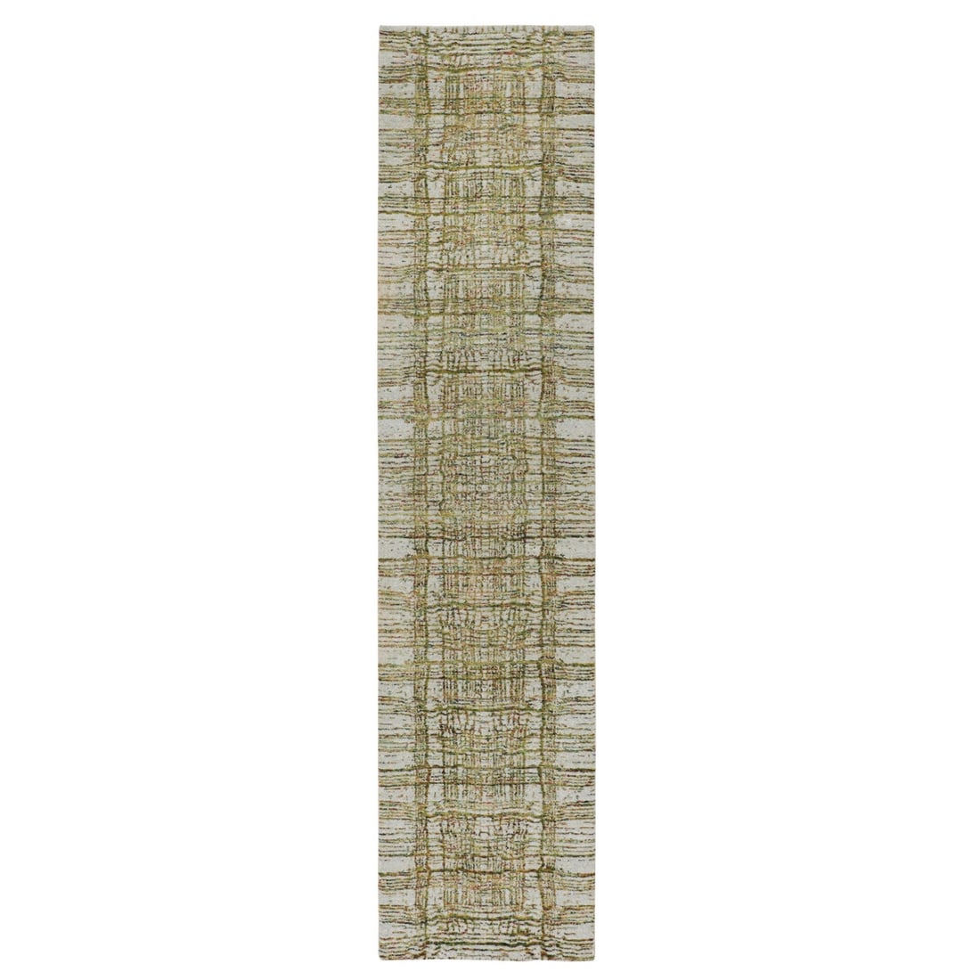 2'6"x11'9" Gray Fine jacquard Modern Wool and Art Silk Runner OrientalRug: 2'6"x11'9" Gray Fine jacquard Modern Wool and Art Silk Runner OrientalRug Modern Gray Wool and Art Silk Runner Oriental Rug measures 2'6" x 11'9" in size, boasting a striking hand-woven design with an