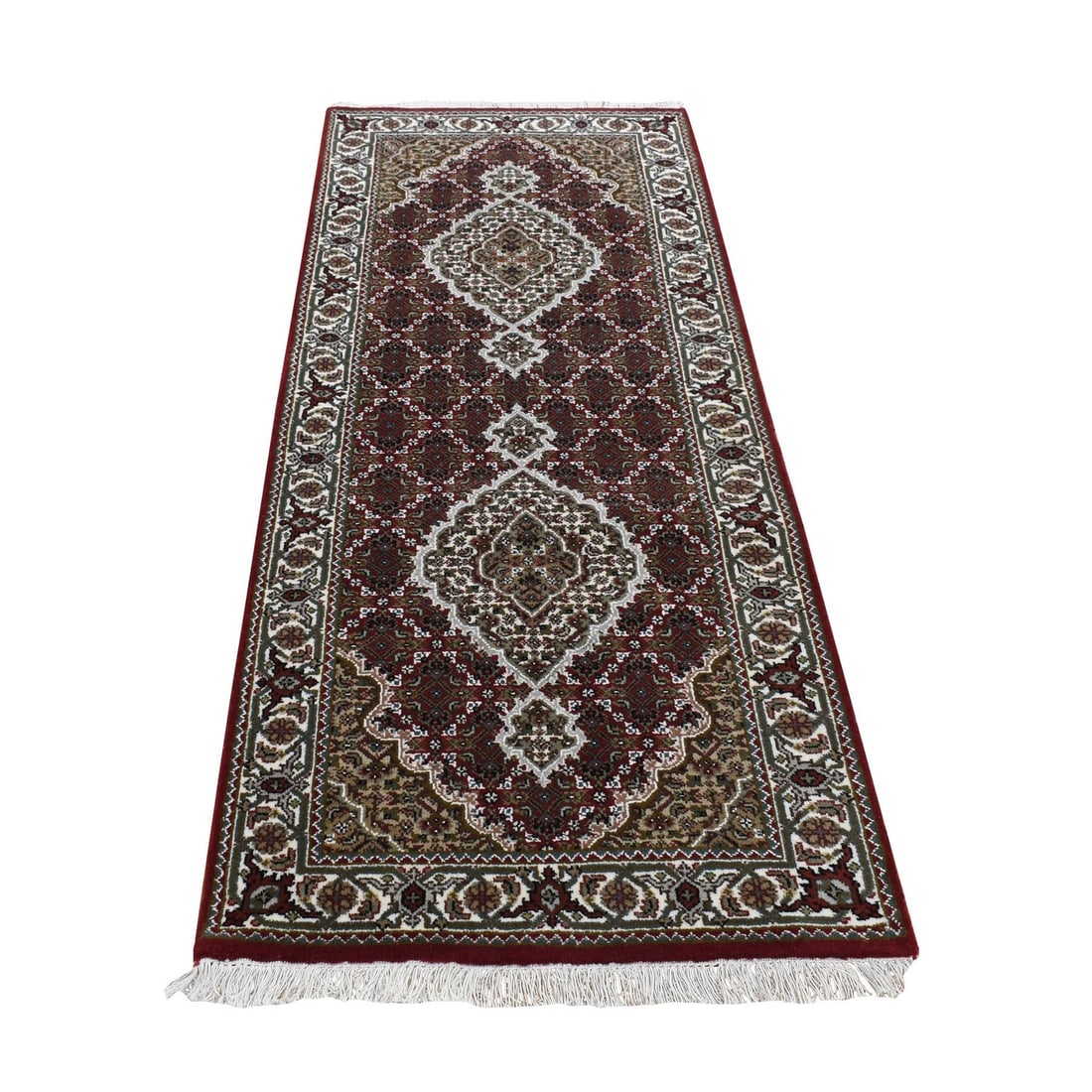 2'8"x6'10" Red Tebraz Mahi 100% Wool Hand Knotted Short Runner Rug: 2'8"x6'10" Red Tebraz Mahi 100% Wool Hand Knotted Short Runner Rug The Tebraz Mahi hand-knotted wool rug boasts a stunning red color, perfectly complemented by the subtle green undertones in its field