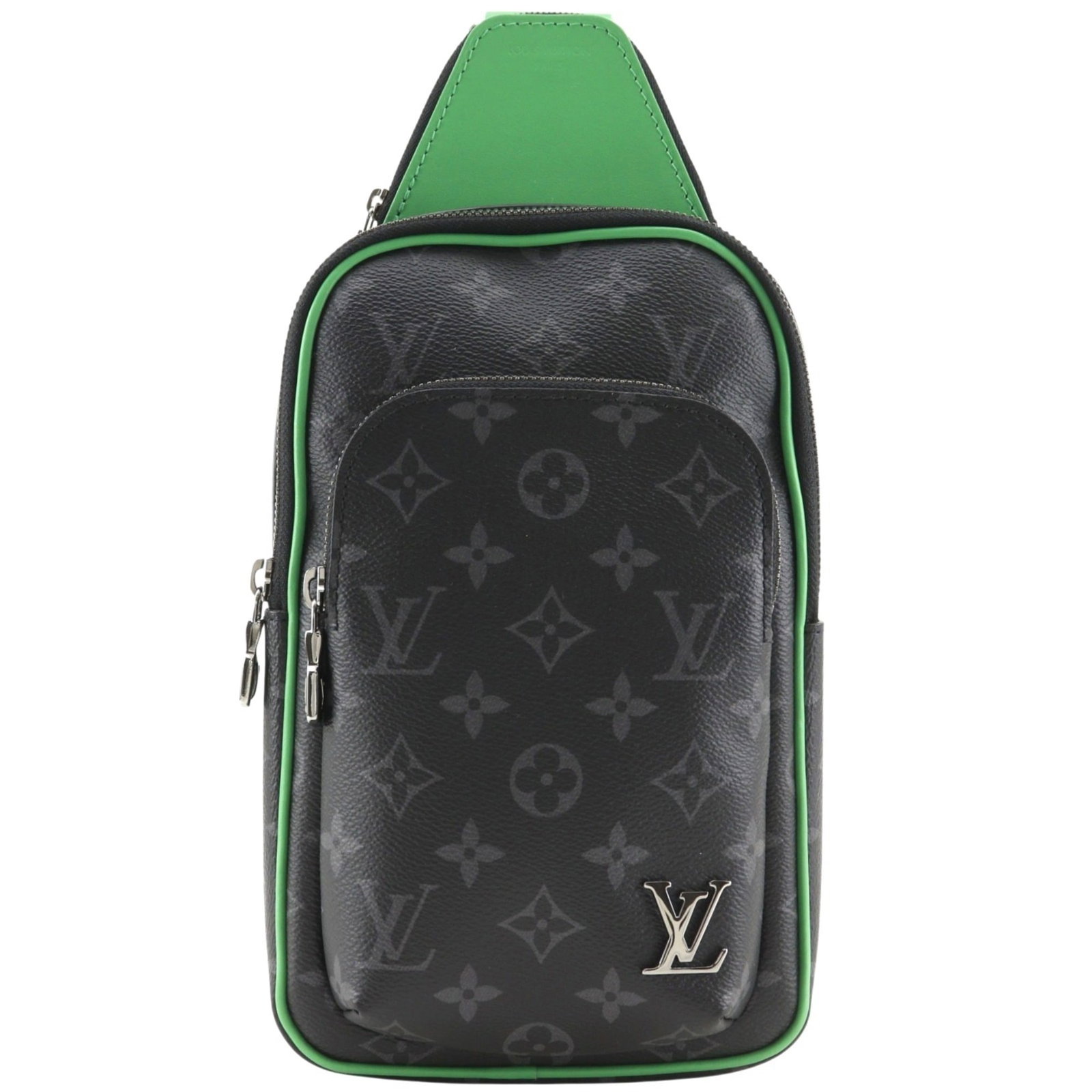 Sling bag with monogram eclipse from Louis Vuitton: Sling bag with monogram eclipse from Louis Vuitton Monogram Eclipse Sling Bag from Louis Vuitton. This sleek and stylish sling bag features the iconic Monogram Eclipse pattern in black, green, and mon