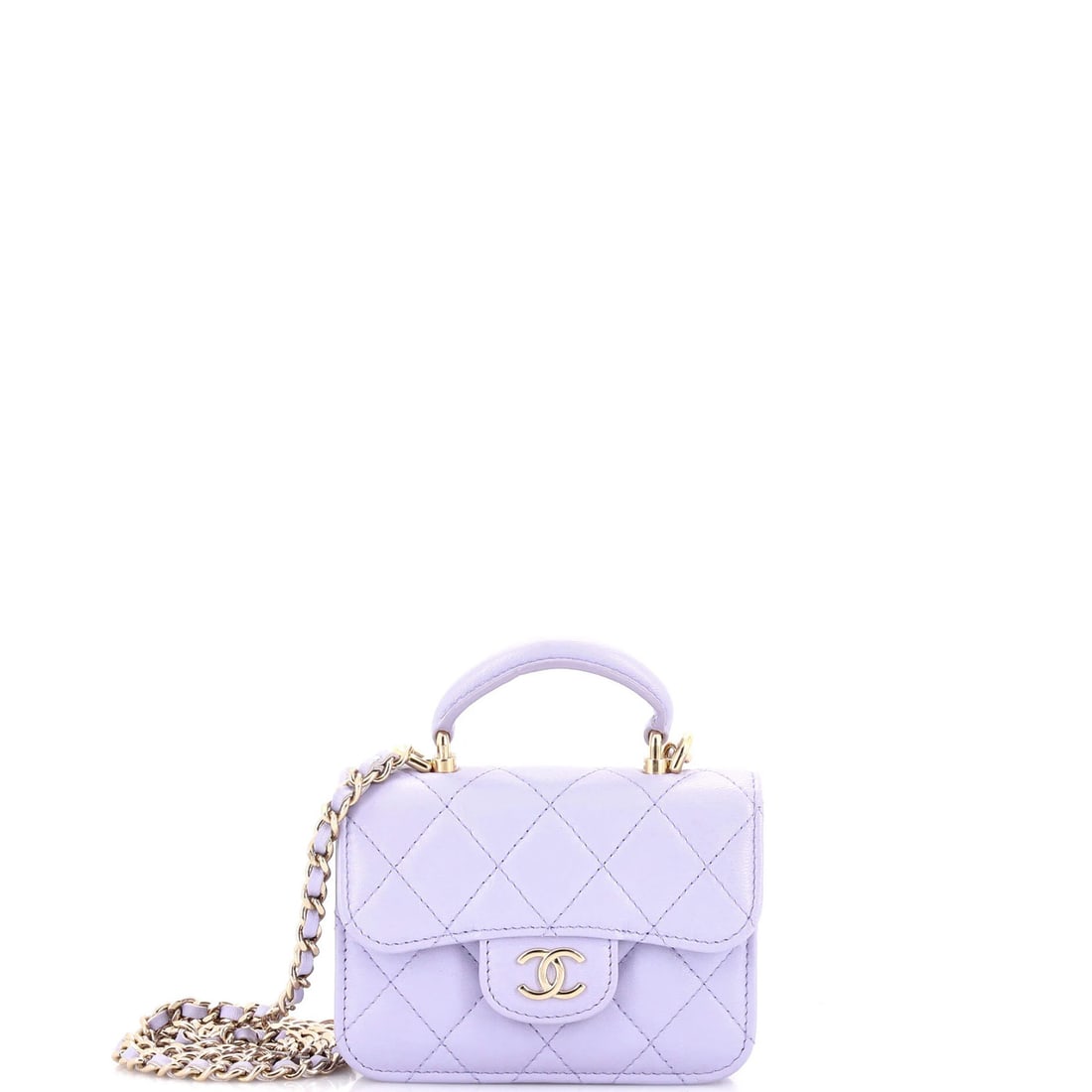 Handle flap coin purse chain quilted lambskin top with Chanel: Handle flap coin purse chain quilted lambskin top with Chanel This exquisite Chanel top handle flap coin purse chain quilted lambskin bag boasts a rich purple exterior and gold tone hardware, adding a