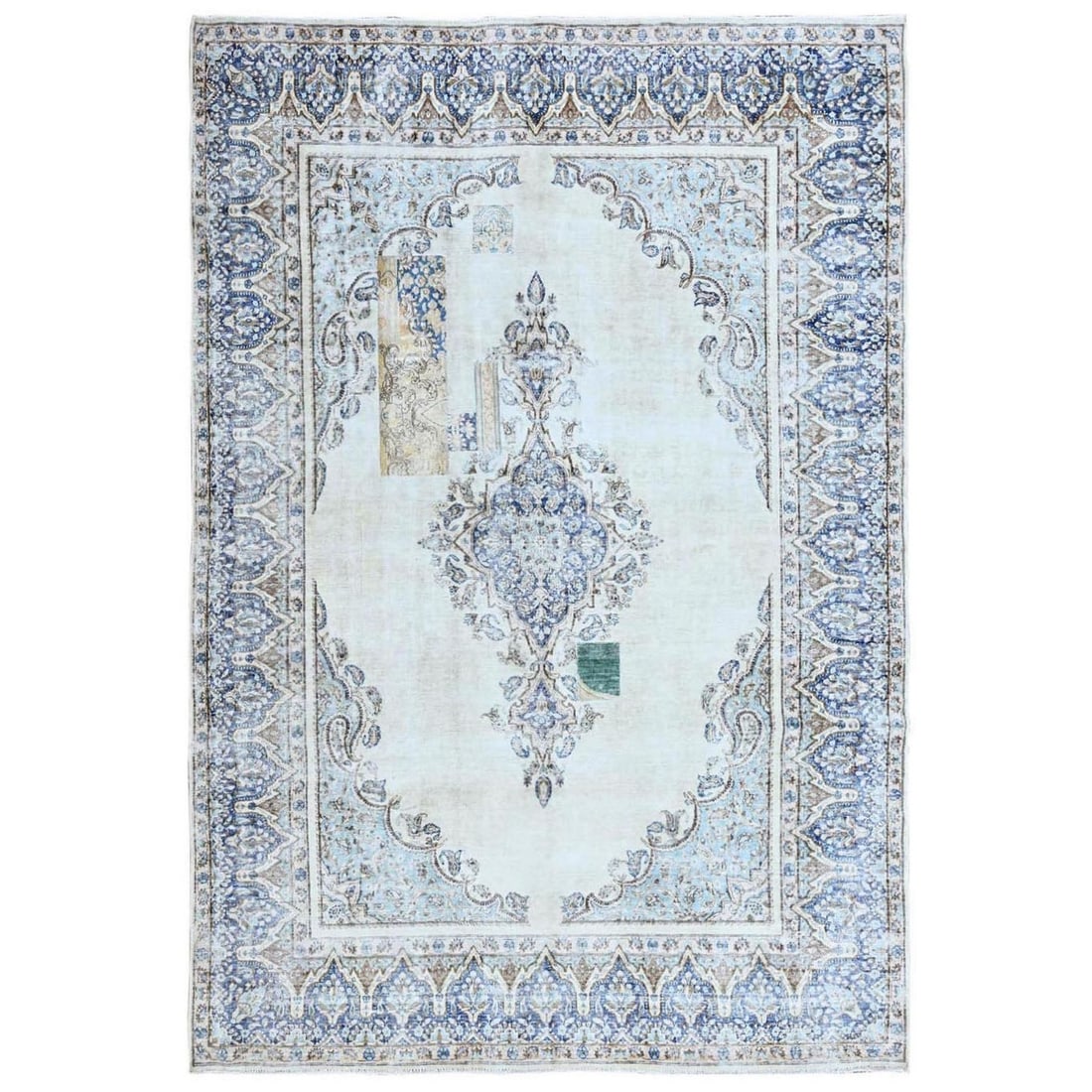7'2"x10'1" Blue Vintage Zoroastrian Karman Worn Down Wool Hand Knotted Rug: 7'2"x10'1" Blue Vintage Zoroastrian Karman Worn Down Wool Hand Knotted Rug The 7'2" x 10'1" Blue Vintage Zoroastrian Karman Worn Down Wool Hand Knotted Rug boasts a stunning blue field with intricate 