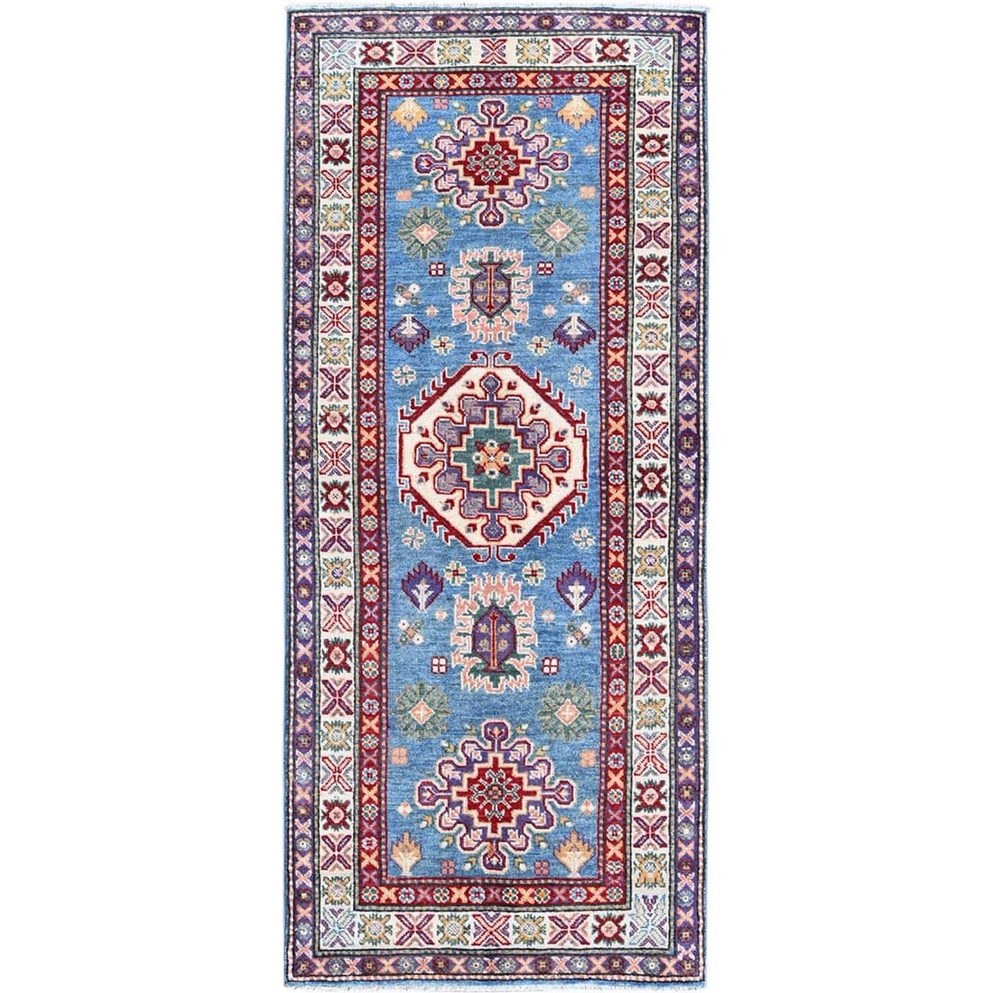 2'8"x6'4" Blue Kazak with Tribal Design Soft Wool Hand Knotted Runner Rug: 2'8"x6'4" Blue Kazak with Tribal Design Soft Wool Hand Knotted Runner Rug Soft wool hand knotted in a vibrant blue color, this stunning Kazak-style runner rug boasts an intricate tribal design. Measur