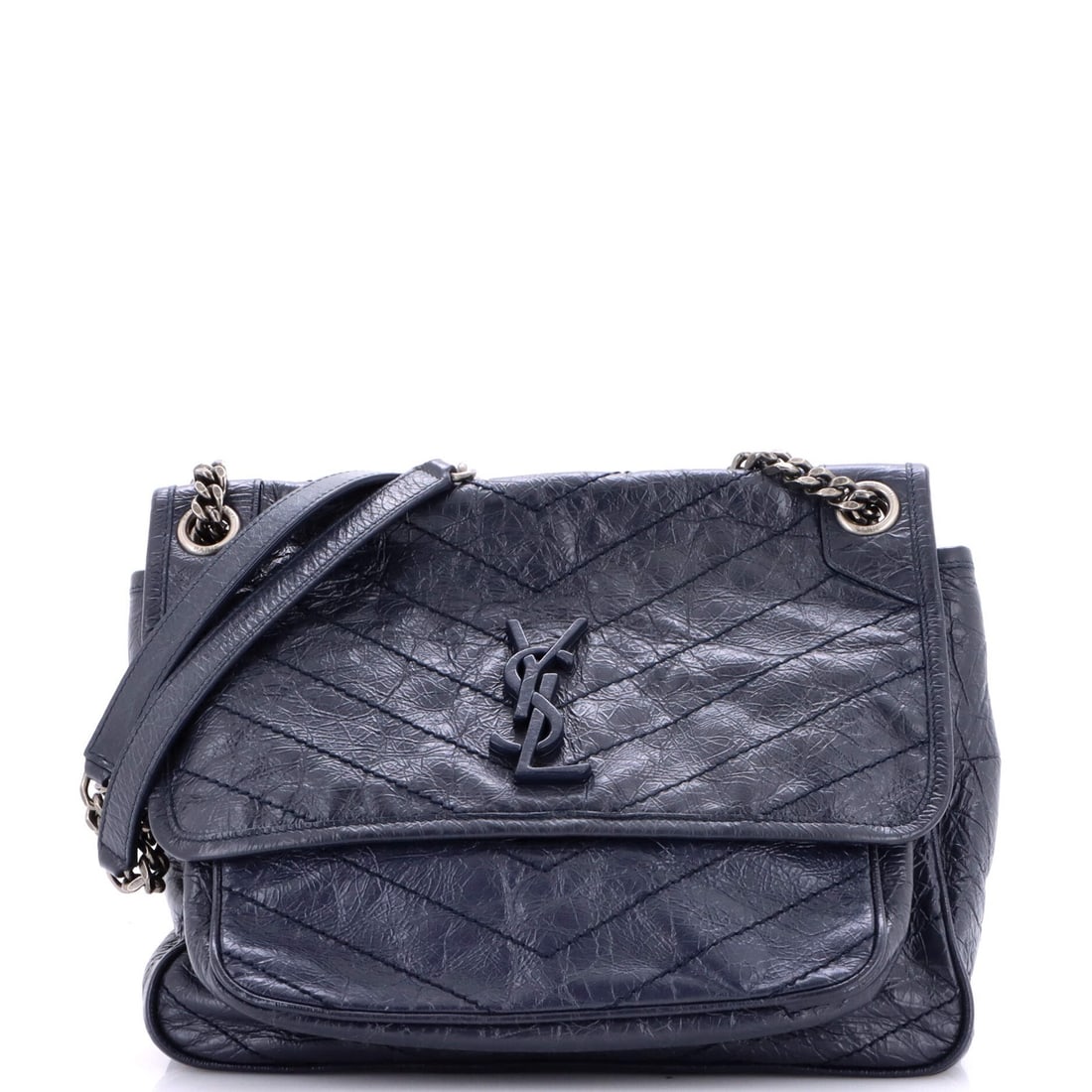 Matelasse Chevron Leather Chain Flap Bag Saint Niki Medium: Matelasse Chevron Leather Chain Flap Bag Saint Niki Medium The Saint Laurent Matelasse Chevron Leather Chain Flap Bag Niki Medium boasts a striking gray exterior with intricate matelasse chevron detai