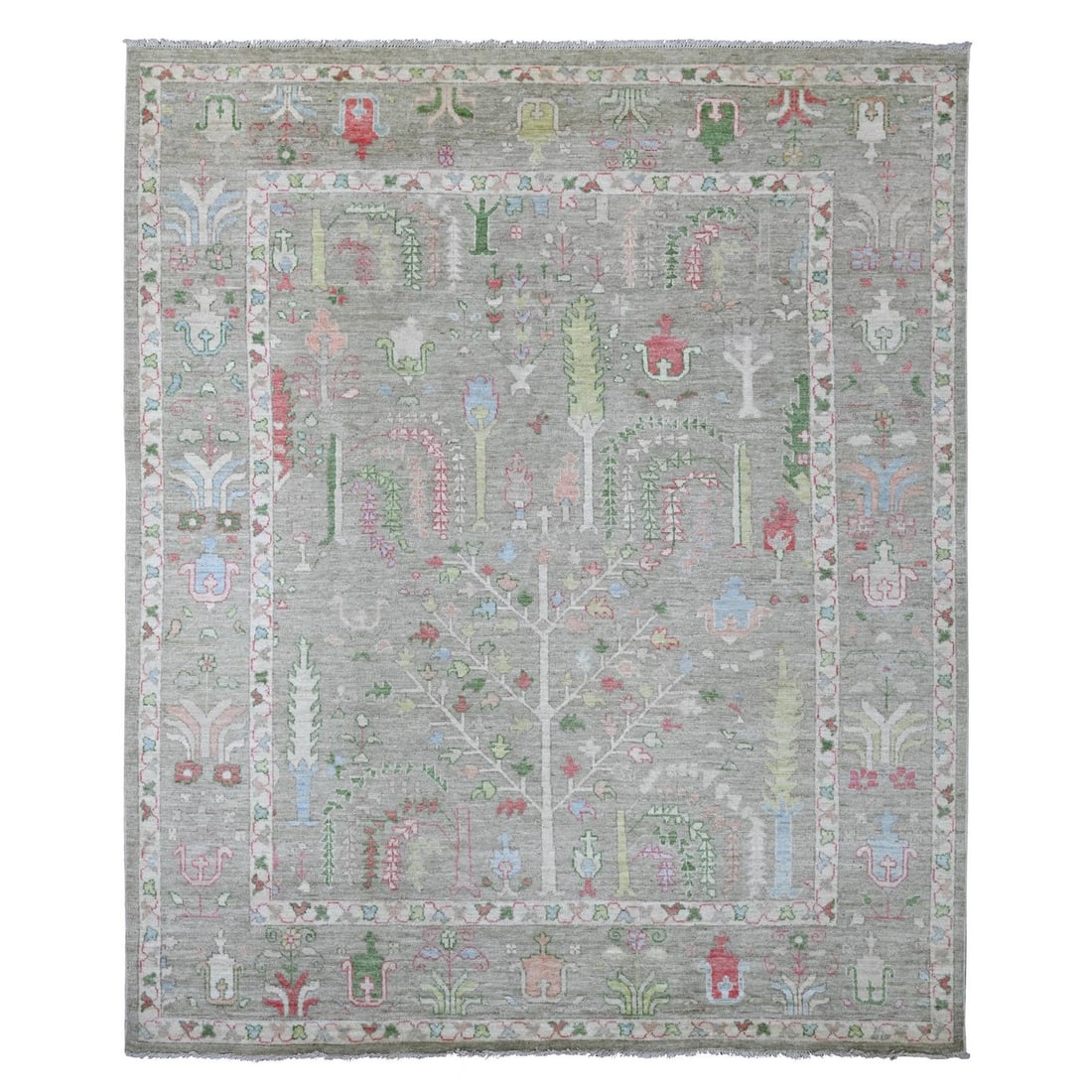 8'x9'8" Sage Green Afghan Angora Oushak Tree Design Hand Knotted Wool Rug: 8'x9'8" Sage Green Afghan Angora Oushak Tree Design Hand Knotted Wool Rug The Oushak Tree Design Hand Knotted Wool Rug boasts an impressive floral pattern in rich sage green hues, set against a rectan