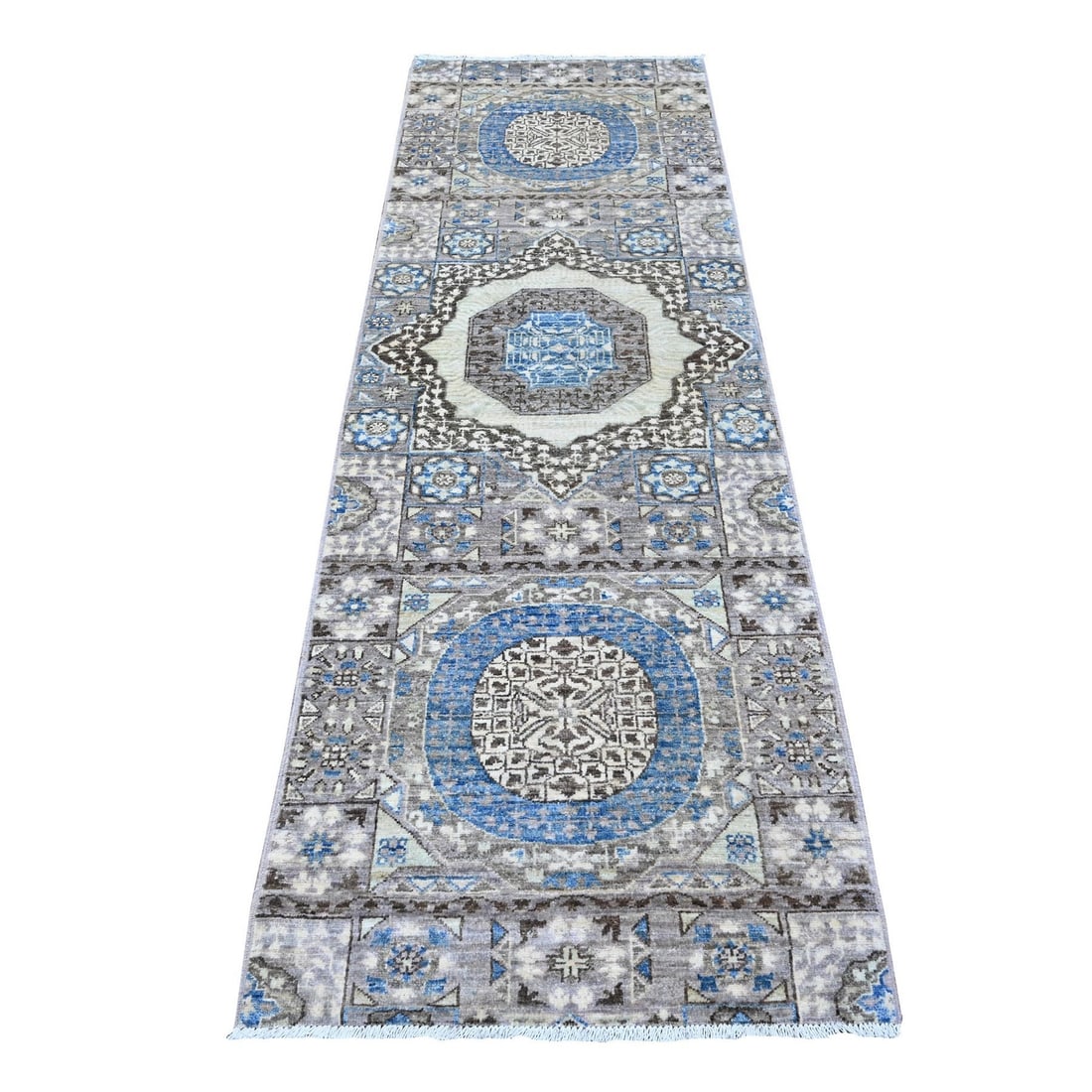 2'8"x8'1" Gray Mamluk Medallions Design Hand Knotted Runner Oriental Rug: 2'8"x8'1" Gray Mamluk Medallions Design Hand Knotted Runner Oriental Rug Hand-knotted in wool, this stunning 2'8"x8'1" gray Mamluk medallions design runner features a rich, intricate pattern. Brought 