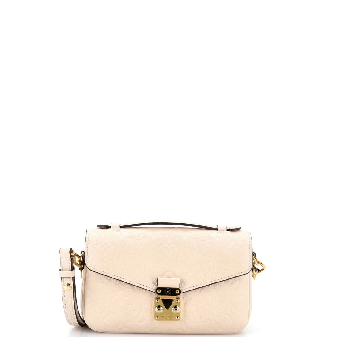 Louis Vuitton Pochette Metis Monogram Leather Empreinte East West: Louis Vuitton Pochette Metis Monogram Leather Empreinte East West The Louis Vuitton Pochette Metis Monogram Leather Empreinte East West cross body bag boasts a neutral exterior with minor scuffs, whil