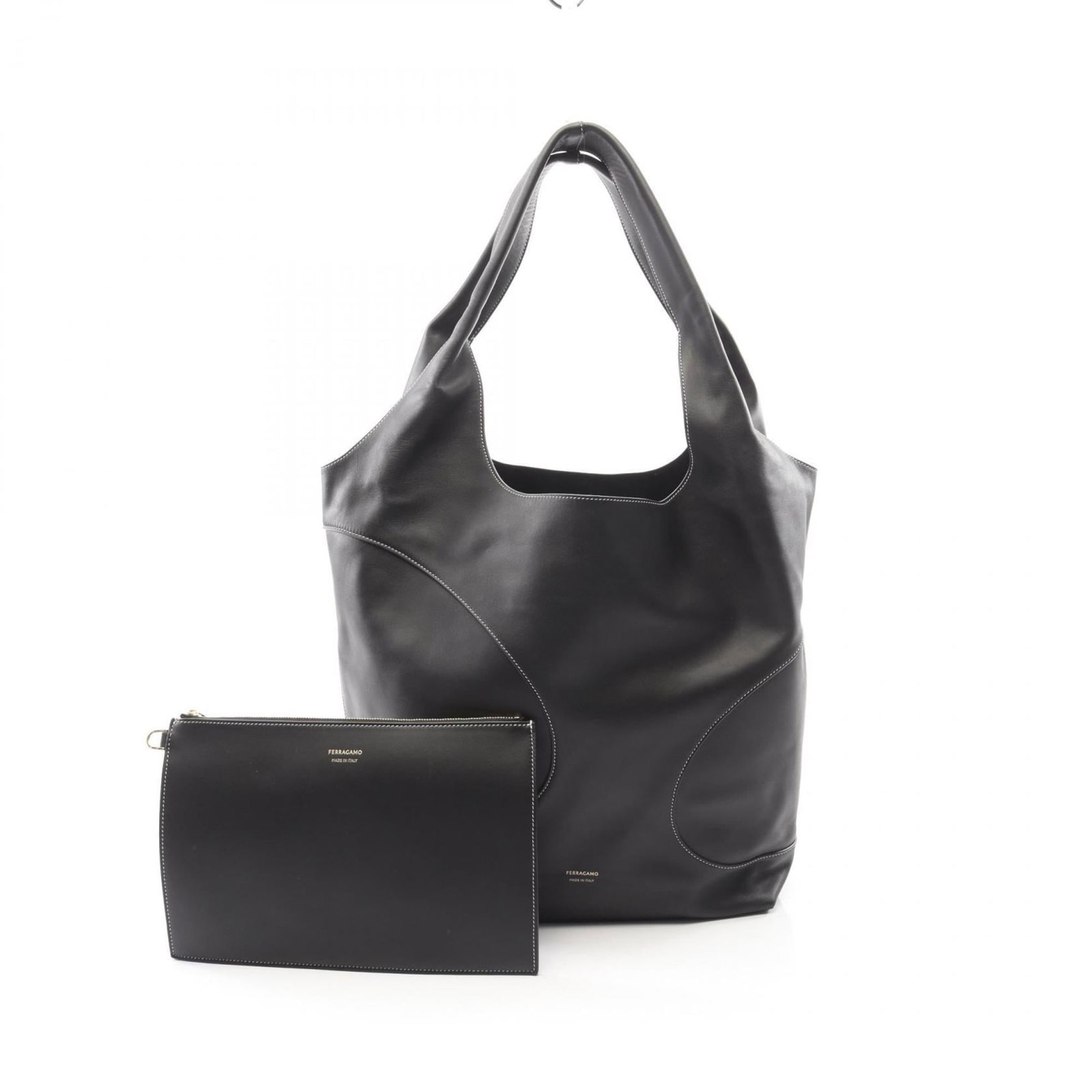 Handbag Leather Salvatore Ferragamo Pouch Tote: Handbag Leather Salvatore Ferragamo Pouch Tote Black leather Salvatore Ferragamo pouch tote bag with classic design and timeless style. Made from high-quality leather, this stylish handbag features a 