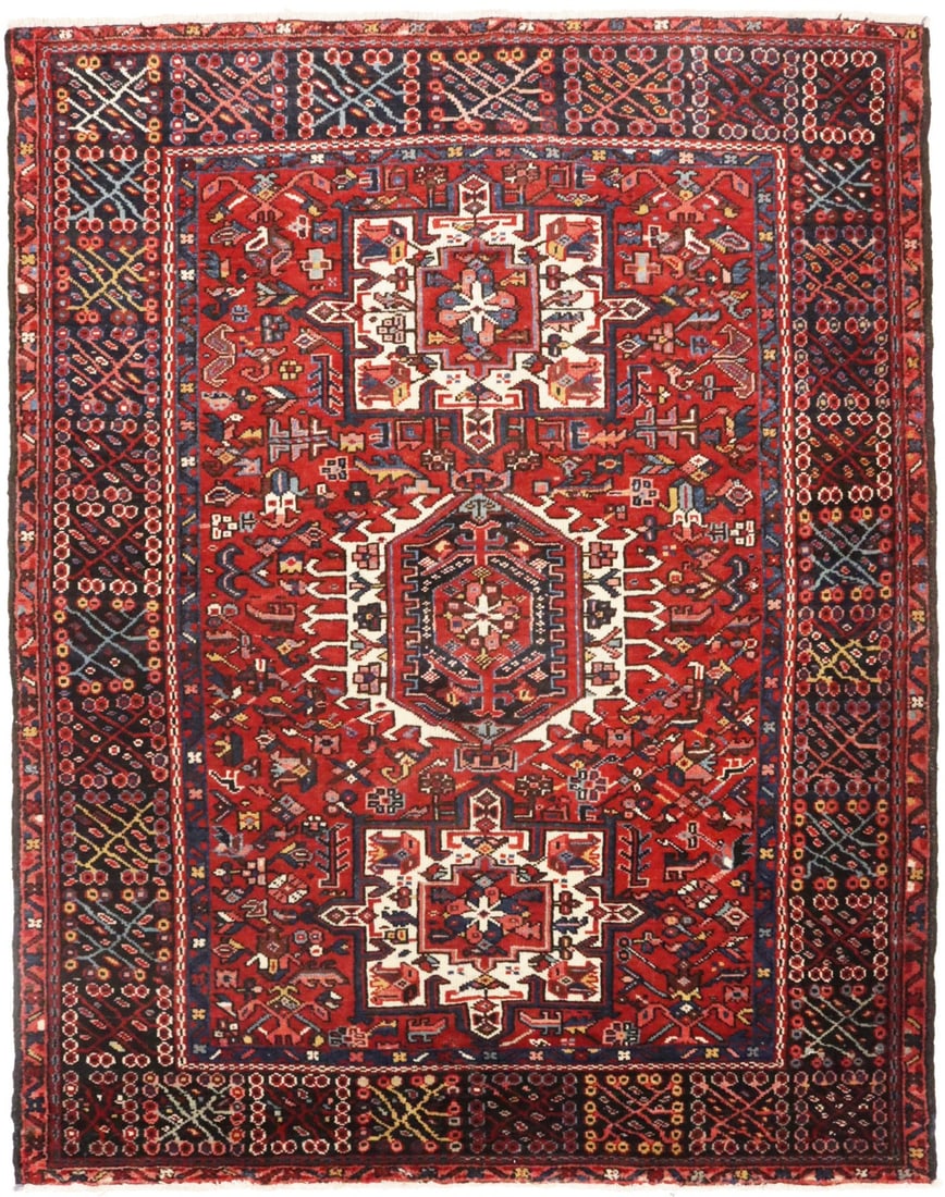 Semi-Antique Oriental Rug 5X6 Rusty Red Geometric Tribal Farmhouse Carpet Hand-Knotted: Semi-Antique Oriental Rug 5X6 Rusty Red Geometric Tribal Farmhouse Carpet Hand-Knotted Rusty red hues and geometric patterns come together in this unique, hand-knotted semi-antique Oriental rug. Measu