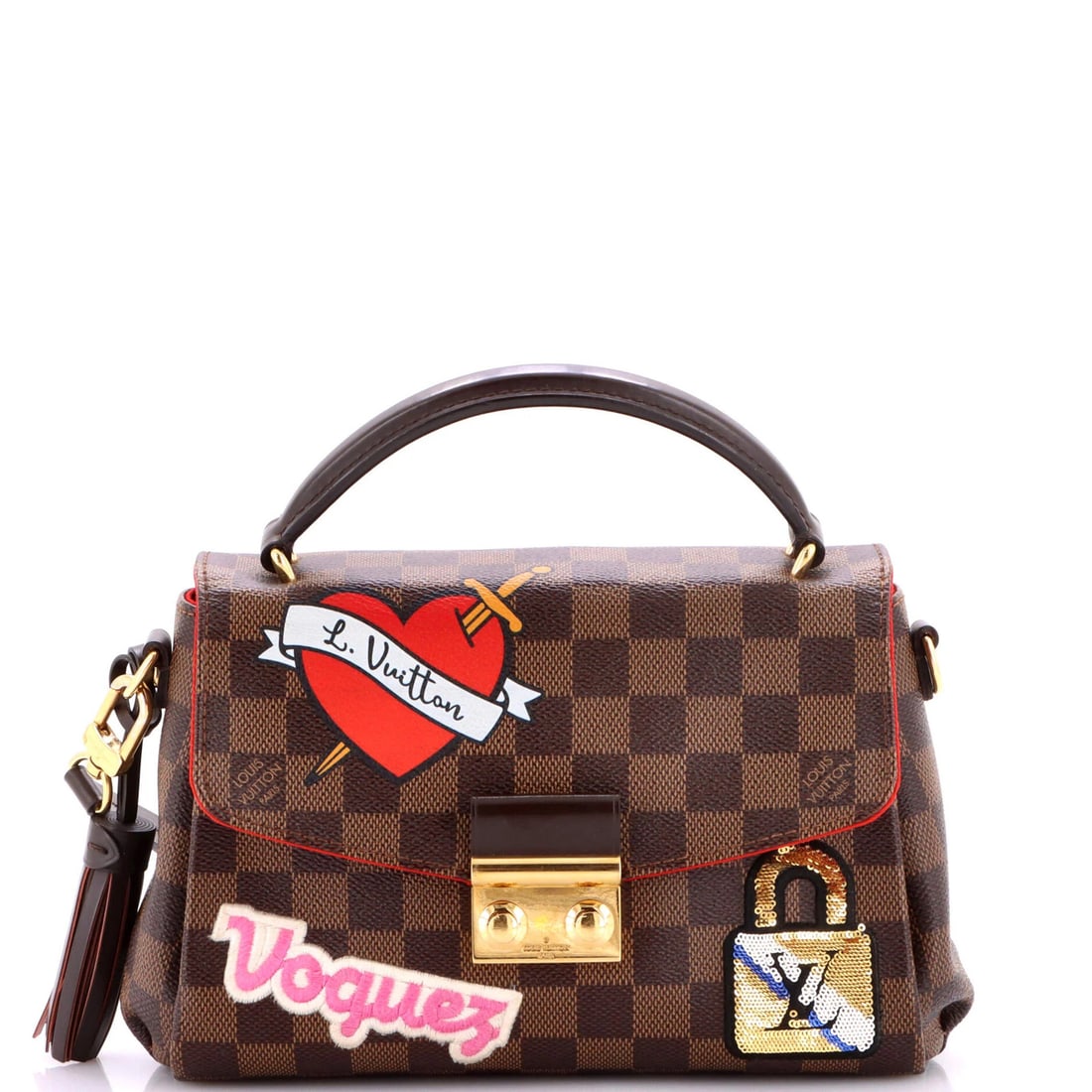 Damier patches limited edition croisette handbag Louis Vuitton: Damier patches limited edition croisette handbag Louis Vuitton Canvas Coated Sequins Damier patches adorn the exterior of this Limited Edition Croisette Handbag from Louis Vuitton, featuring a brown a