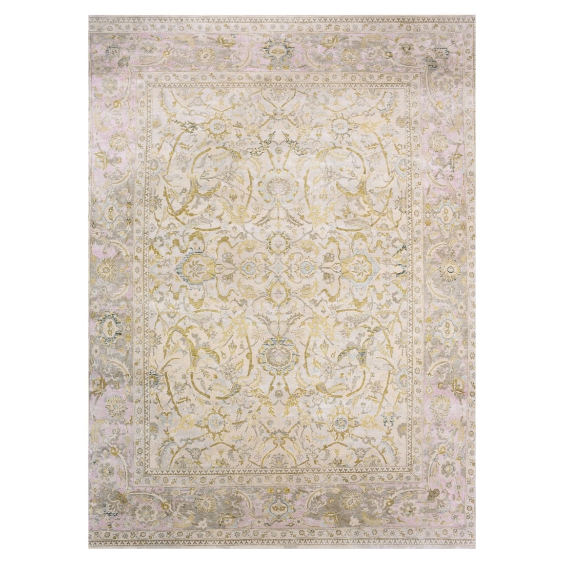 12'x15'7" Beige Hand Knotted Wool and Silk Oushak Design Oversized Rug: 12'x15'7" Beige Hand Knotted Wool and Silk Oushak Design Oversized Rug Oversized and intricately designed, this 12'x15'7" Beige Hand Knotted Wool and Silk Oushak Design Rug boasts a stunning flatweave