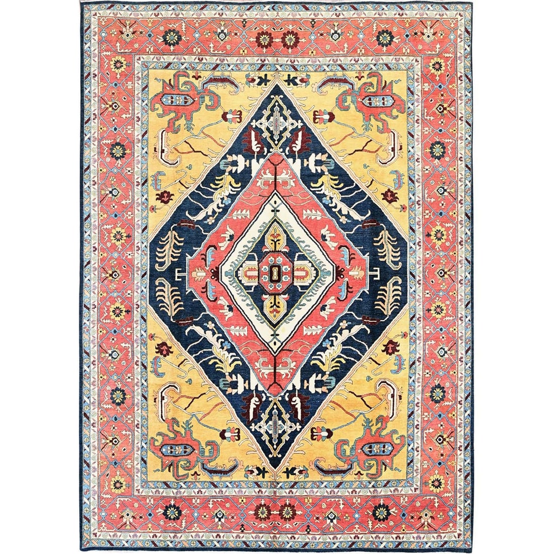 10'x13'10" Yellow Peshawar with Seeripe Heris Design Hand Knotted Wool Rug: 10'x13'10" Yellow Peshawar with Seeripe Heris Design Hand Knotted Wool Rug This stunning 10'x13'10" Yellow Peshawar with Seeripe Heris Design Hand Knotted Wool Rug boasts a unique blend of vibrant col