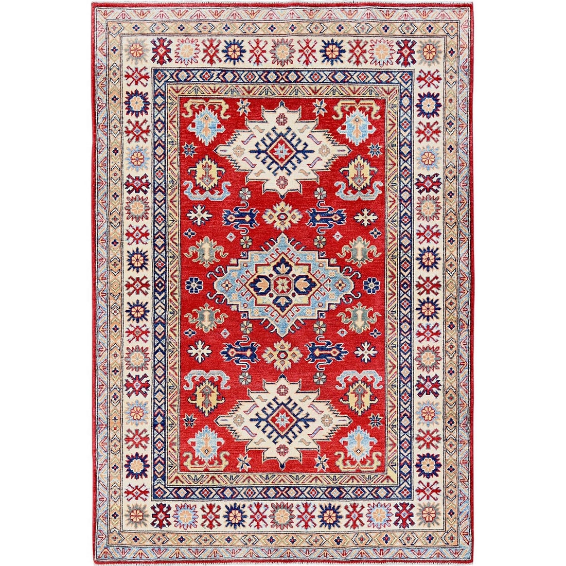 4'9"x7'1" Red Kazak with Tribal Design Soft Wool Hand Knotted Oriental Rug: 4'9"x7'1" Red Kazak with Tribal Design Soft Wool Hand Knotted Oriental Rug Softly glowing red, this 4'9"x7'1" Kazak rug boasts an intricate tribal design in hand-knotted wool, crafted with a tradition