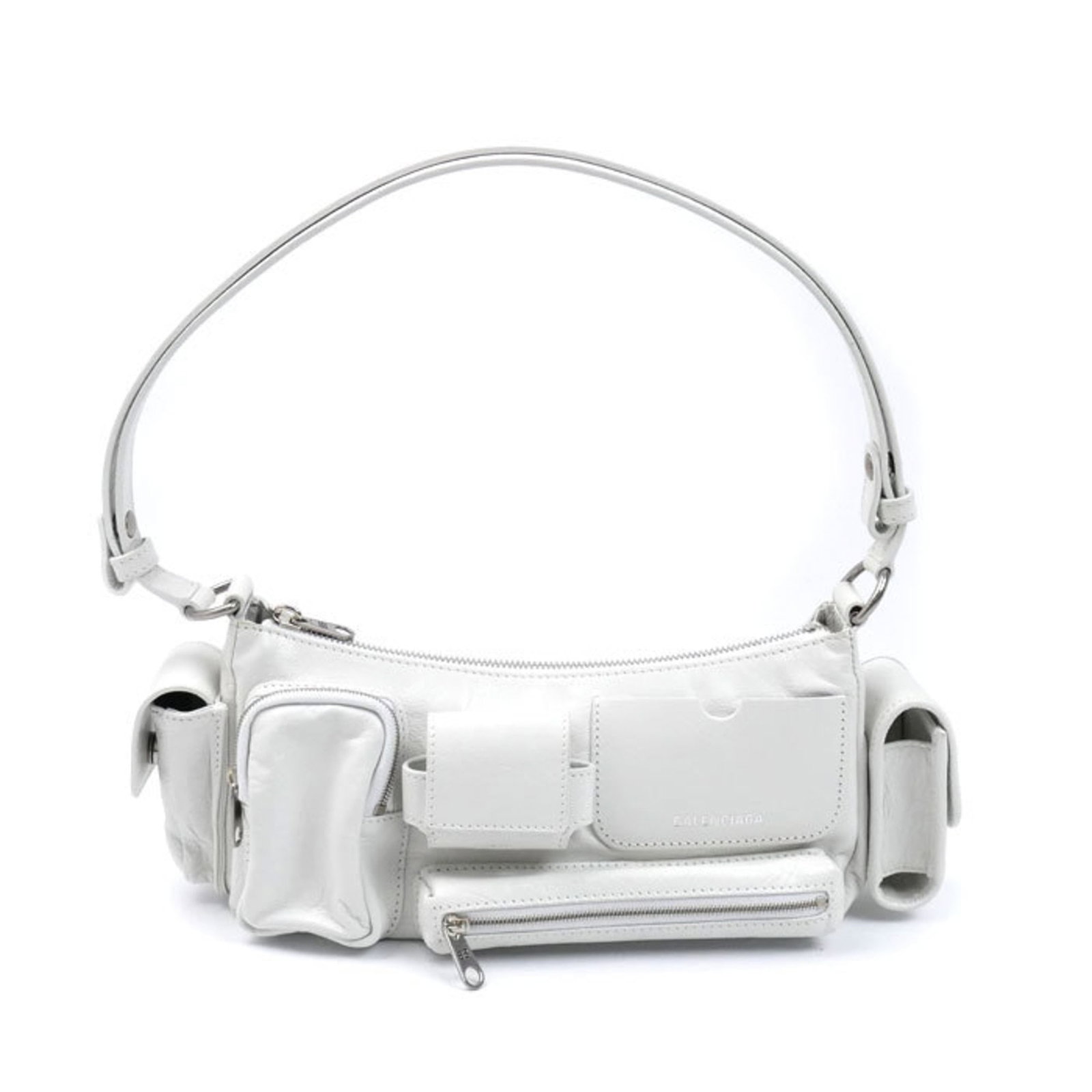 Balenciaga Shoulder Bag Leather: Balenciaga Shoulder Bag Leather The Balenciaga Shoulder Bag Leather features a sleek white leather design with silver hardware, making it a stylish and modern accessory. Measuring 12cm x 23cm x 7cm, t