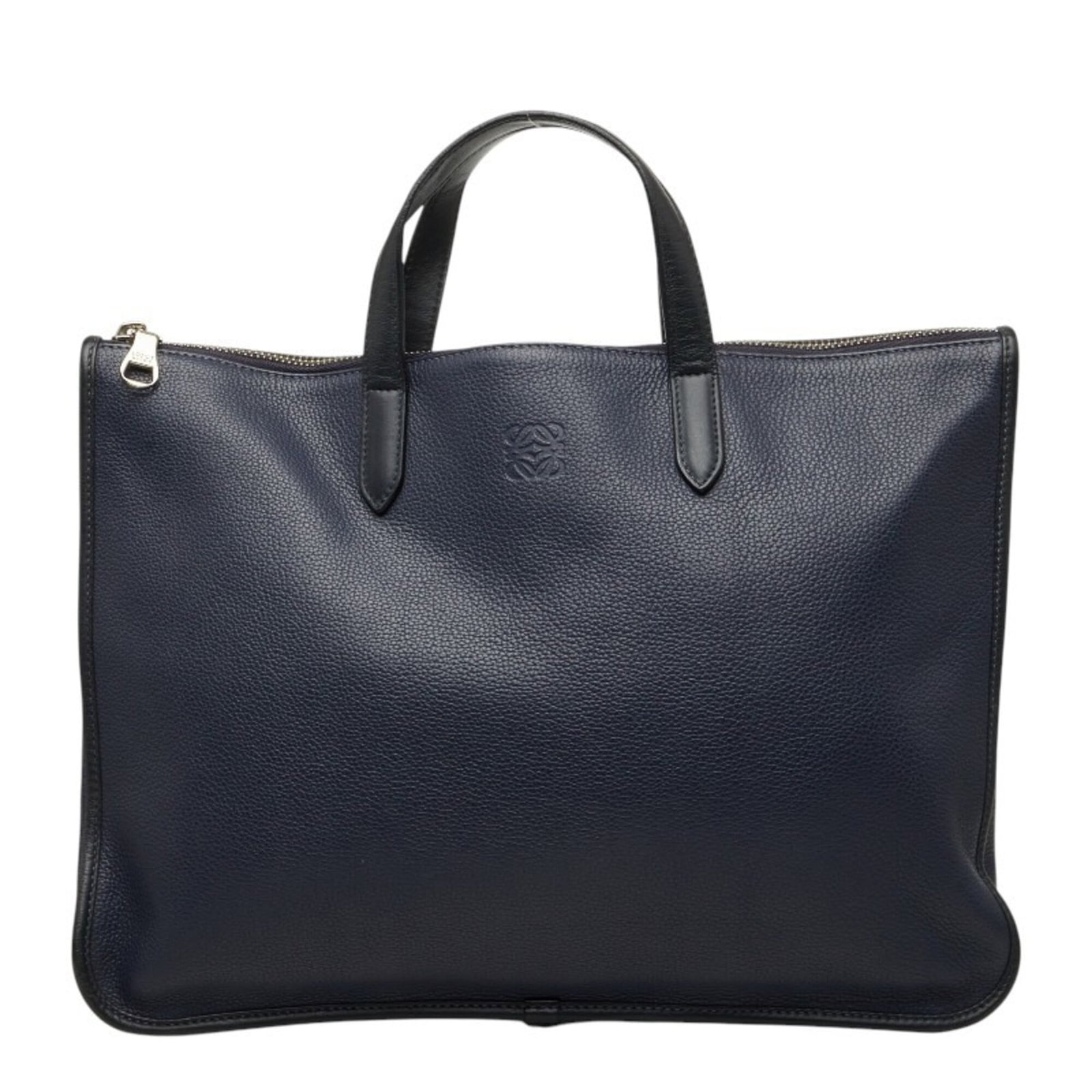 Leather Briefcase by Loewe: Leather Briefcase by Loewe Navy leather briefcase by Loewe, measuring 28cm x 40cm x 5cm. The classic design and high-quality materials make it a timeless accessory for everyday use. Its compact size a
