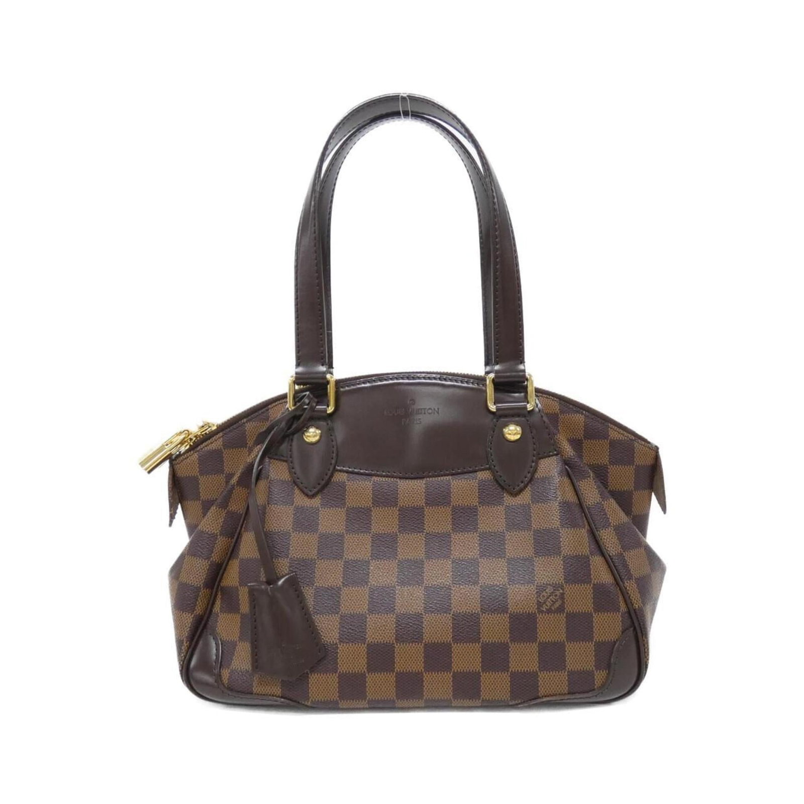 Coated canvas handbag louis vuitton: Coated canvas handbag louis vuitton Coated canvas Louis Vuitton handbag in brown, featuring a clochette, key, and padlock for added convenience. Measuring 21cm x 27cm x 15cm, this stylish accessory
