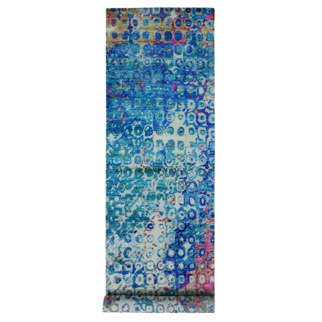 3'x12'4" Admiral Blue THE PEACOCK Sari Silk Hand Knotted Runner Rug: 3'x12'4" Admiral Blue THE PEACOCK Sari Silk Hand Knotted Runner Rug Admiral Blue THE PEACOCK Sari Silk Hand Knotted Runner Rug boasts an impressive 3'0" x 12'4" size, showcasing a stunning peacock pat