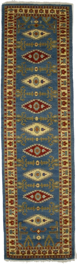 2'8 X 9'9 Handmade Kazak Runner Rug Blue Geometric Oriental Design Hallway 3X10 Hand-Knotted: 2'8 X 9'9 Handmade Kazak Runner Rug Blue Geometric Oriental Design Hallway 3X10 Hand-Knotted Made from wool and cotton, this 2'8 X 9'9 Geometric Kazak Runner Rug boasts a unique blue geometric Orienta