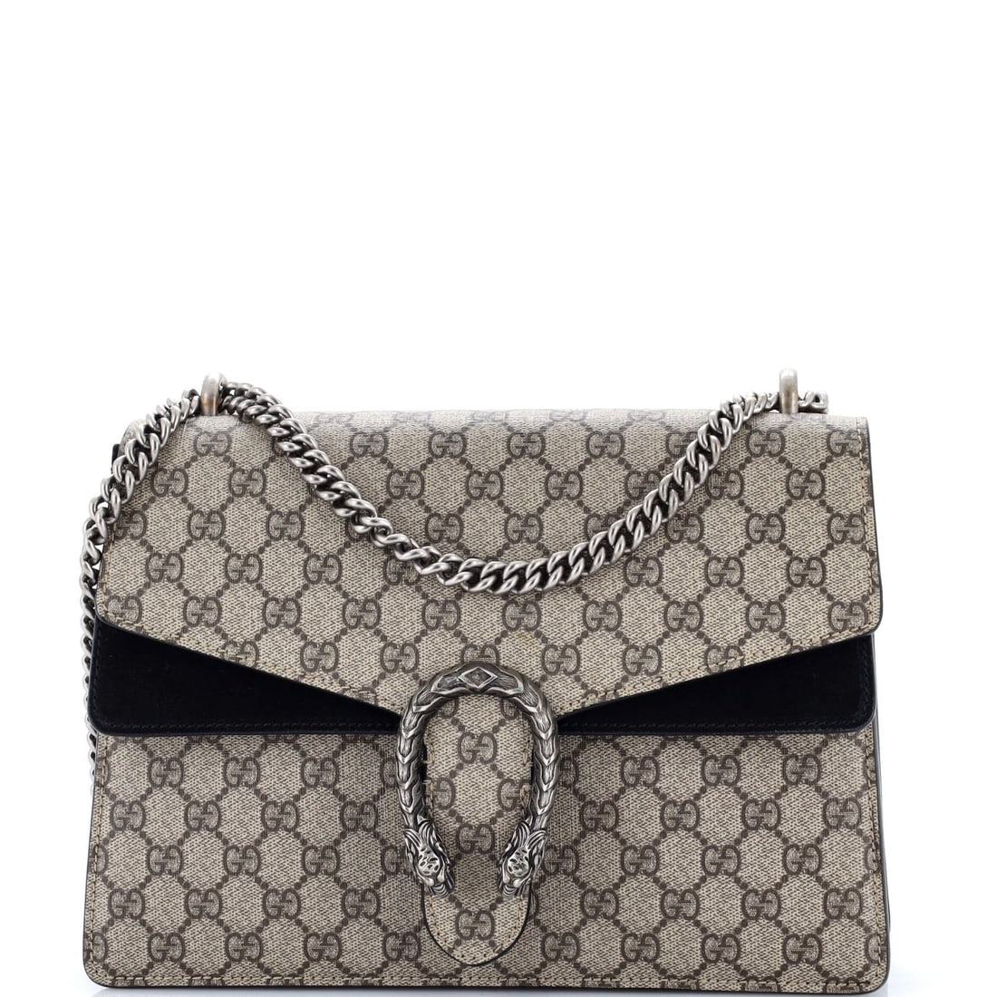 Coated Canvas GG Dionysus Medium Gucci Bag: Coated Canvas GG Dionysus Medium Gucci Bag Canvas Coated GG Dionysus Medium Gucci Bag in Black. This medium-sized shoulder bag features Gucci's signature GG Dionysus style, with a canvas coated exteri