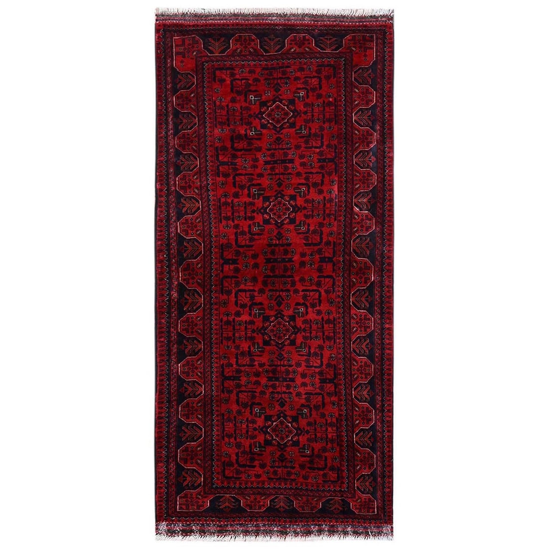 2'8"x6'4" Red Afghan Andkhoy with Tribal Motif Soft Wool Hand Knotted Runner: 2'8"x6'4" Red Afghan Andkhoy with Tribal Motif Soft Wool Hand Knotted Runner Red Afghan Andkhoy with Tribal Motif Soft Wool Hand Knotted Runner, measuring 2'8" x 6'4", boasts a striking all-over regio