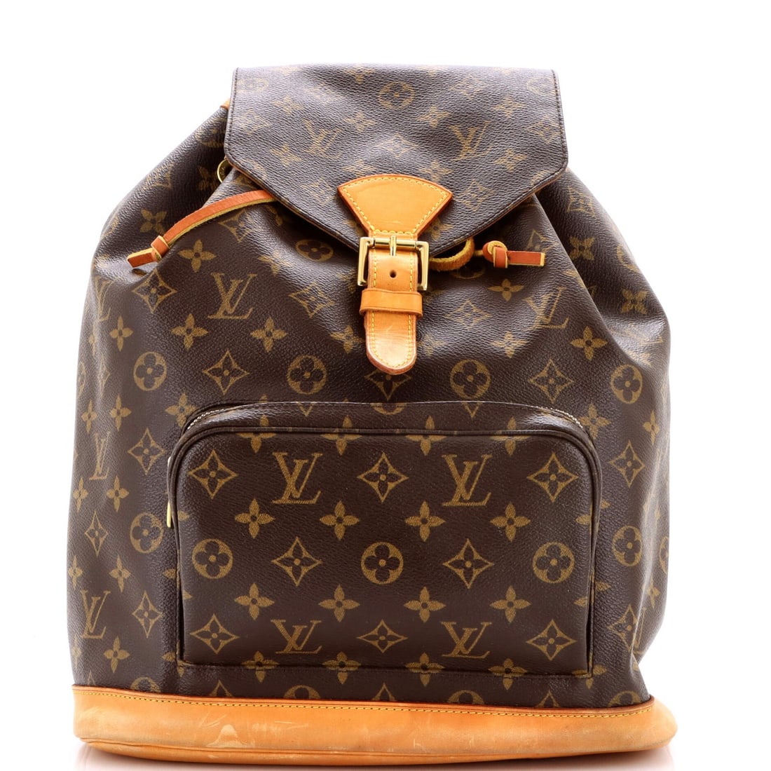 Vintage Louis Vuitton Montsouris Backpack Monogram Canvas: Vintage Louis Vuitton Montsouris Backpack Monogram Canvas Brown canvas backpack with heavy cracking on base, scuffs, creases, discoloration. Measures 15" height, 12" width, and 5" depth, with a handle