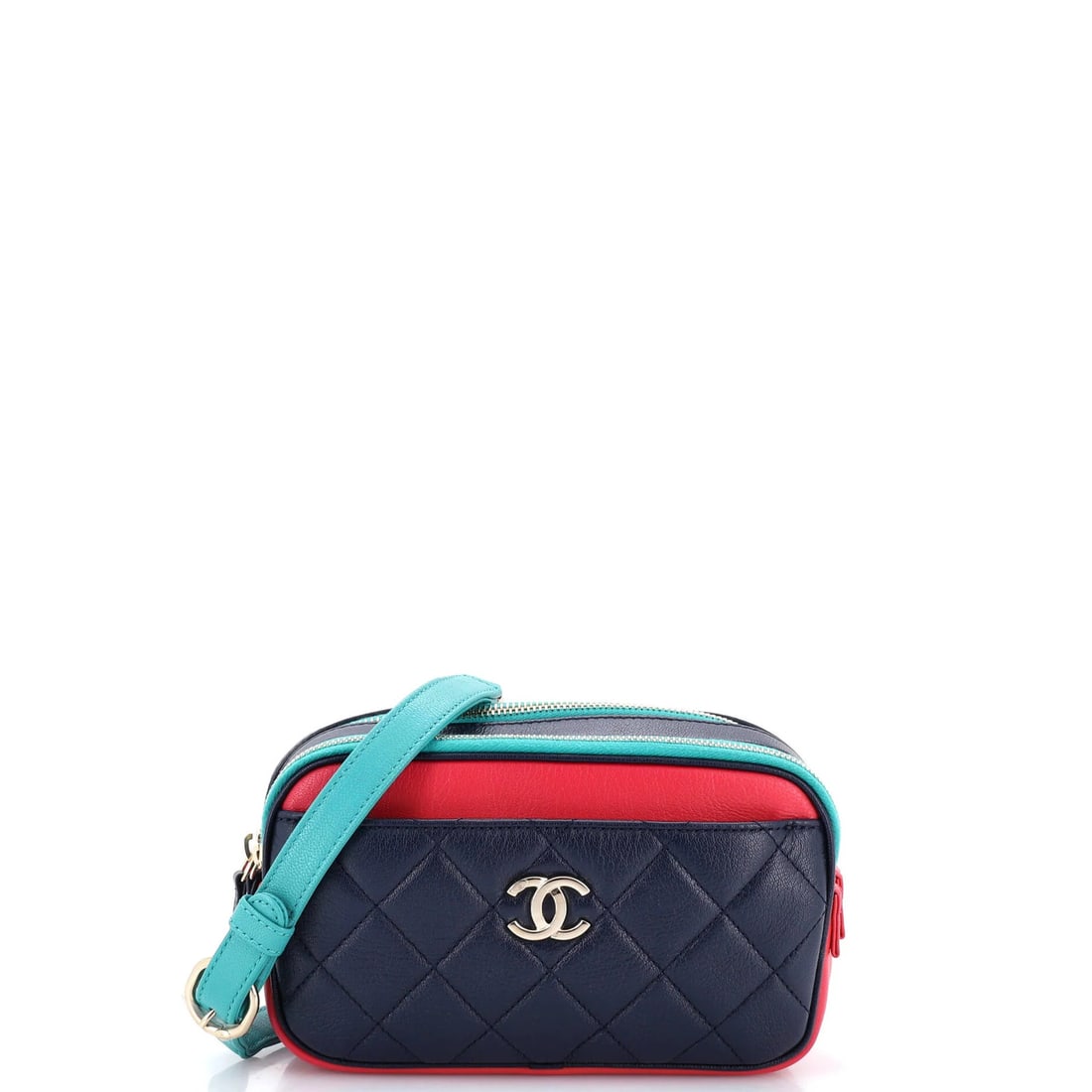 Small Quilted Belt Bag Chanel Out Goatskin In: Small Quilted Belt Bag Chanel Out Goatskin In This small quilted belt bag features a striking blue exterior made from high-quality leather, paired with interior fabric in the same vibrant hue. The In 