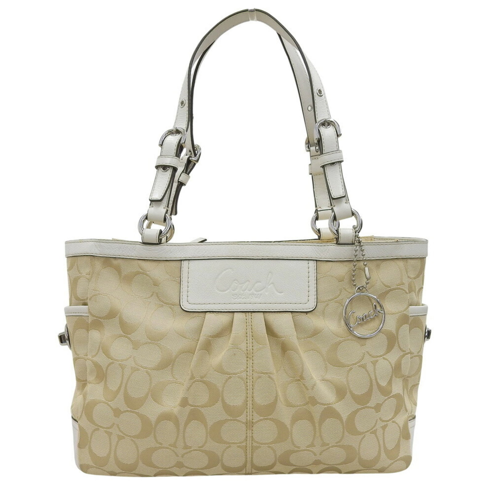 Coach Handbag Tote Bag Signature Line: Coach Handbag Tote Bag Signature Line This Coach Signature Line Handbag Tote Bag boasts a classic design with clean lines and a timeless beige and white color combination. Made from high-quality