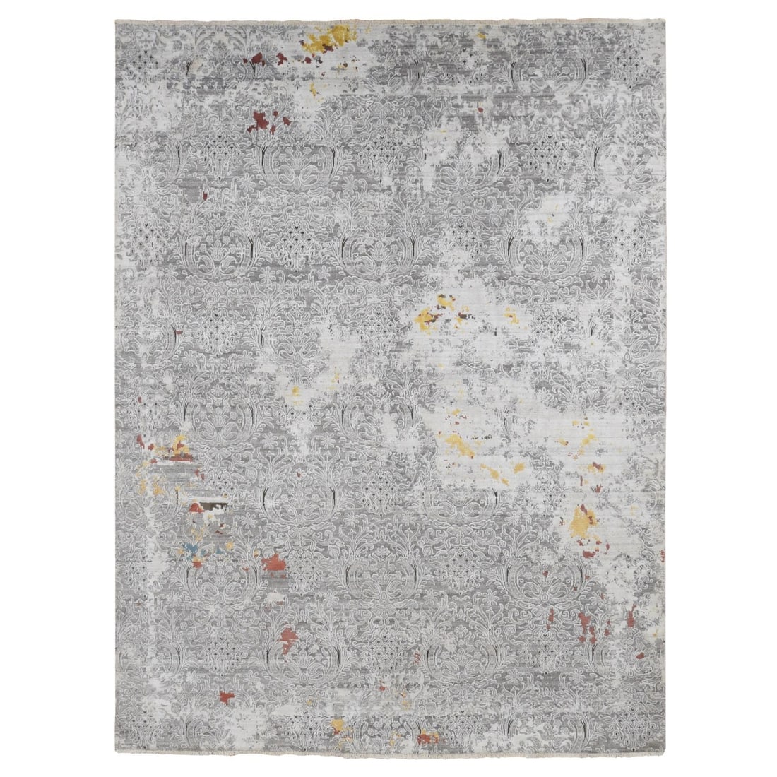 8'9"x11'10" Gray Hand Knotted Modern Broken Design Wool and Silk Rug: 8'9"x11'10" Gray Hand Knotted Modern Broken Design Wool and Silk Rug The Modern Broken Design Hand Knotted Wool and Silk Rug boasts an striking rectangular field with intricate, broken patterns in a s