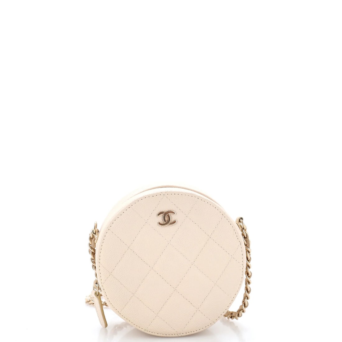 Caviar chain quilted clutch round mini: Caviar chain quilted clutch round mini The Caviar chain quilted clutch round mini from Chanel boasts a neutral exterior with minor creases, while the interior features a subtle neutral fabric. This st